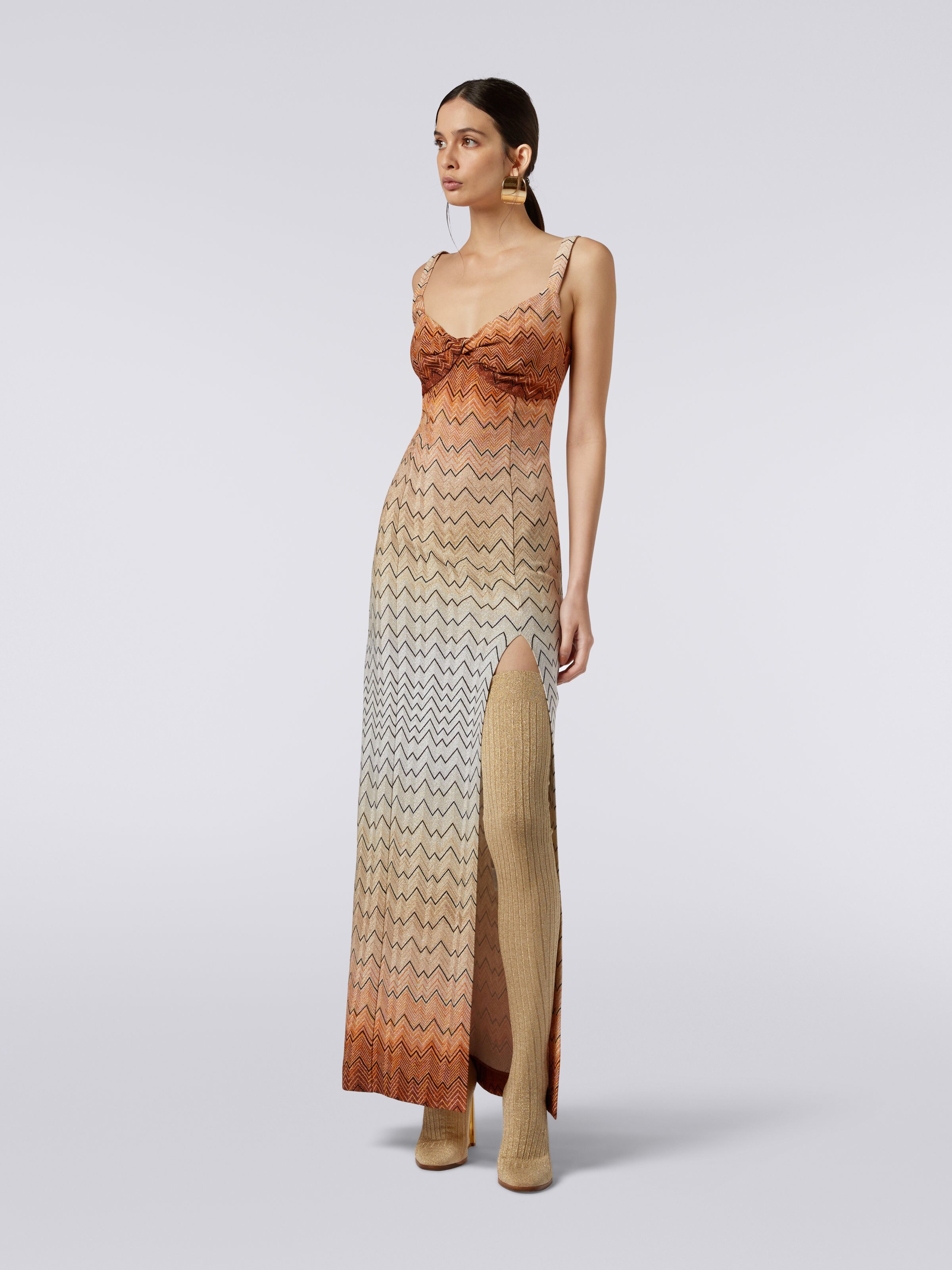 Long dress in zigzag viscose blend with lurex, White  - 2