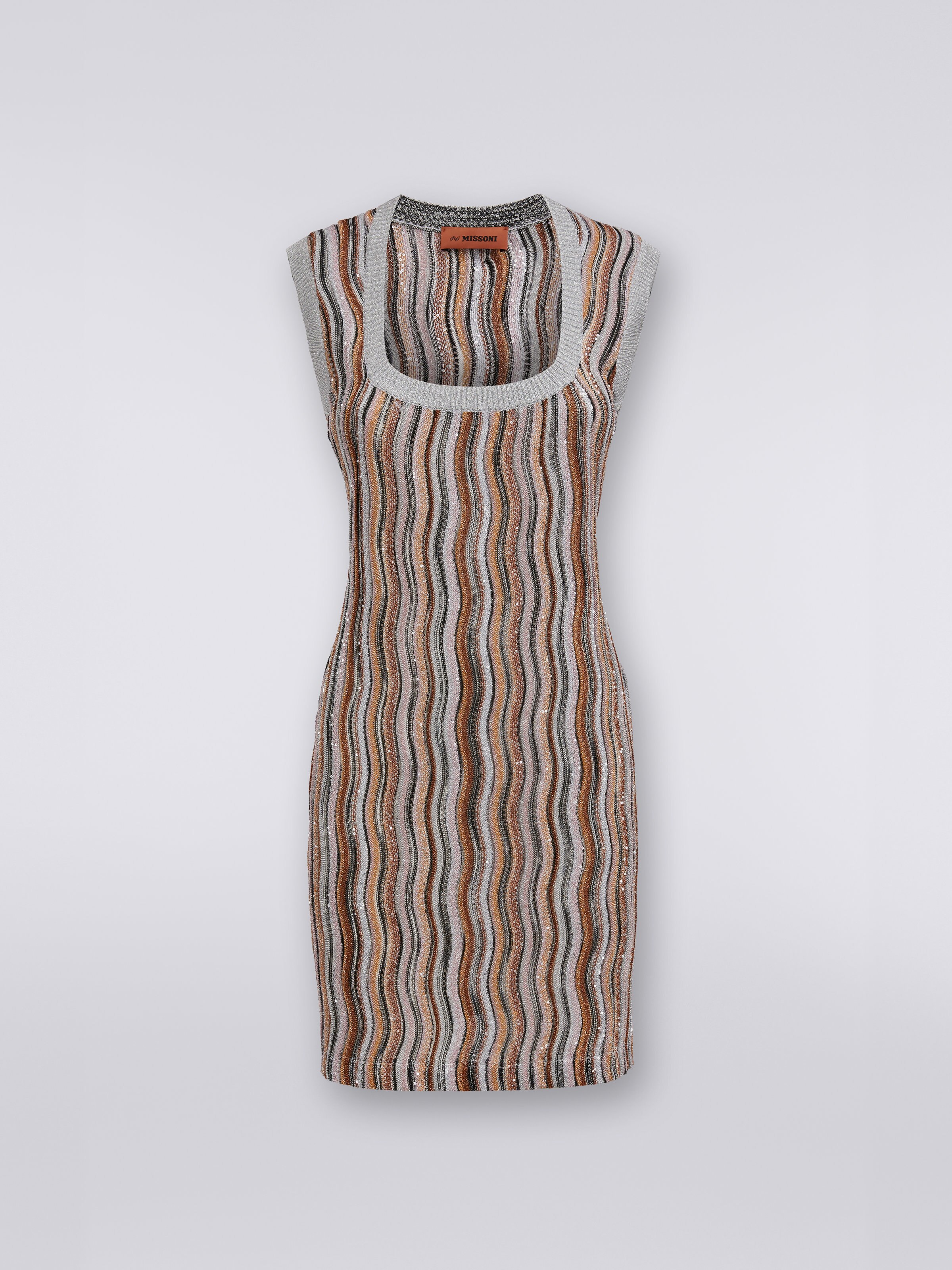 Kurzes Kleid mit eckigem Ausschnitt und Pailletten, Mehrfarbig  - 0