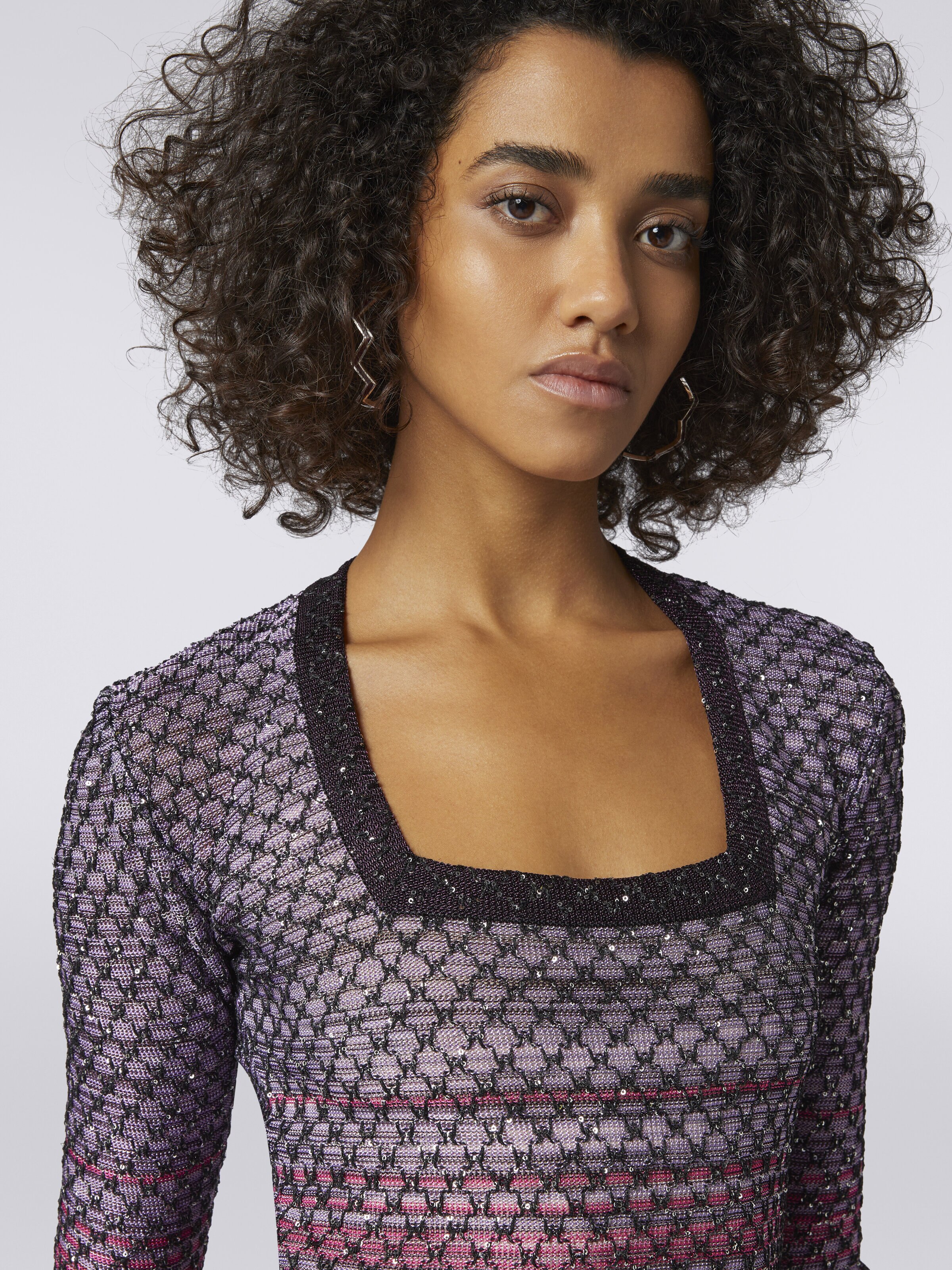 Vestido de escote cuadrado en viscosa de malla con lentejuelas, Rojo  - 4