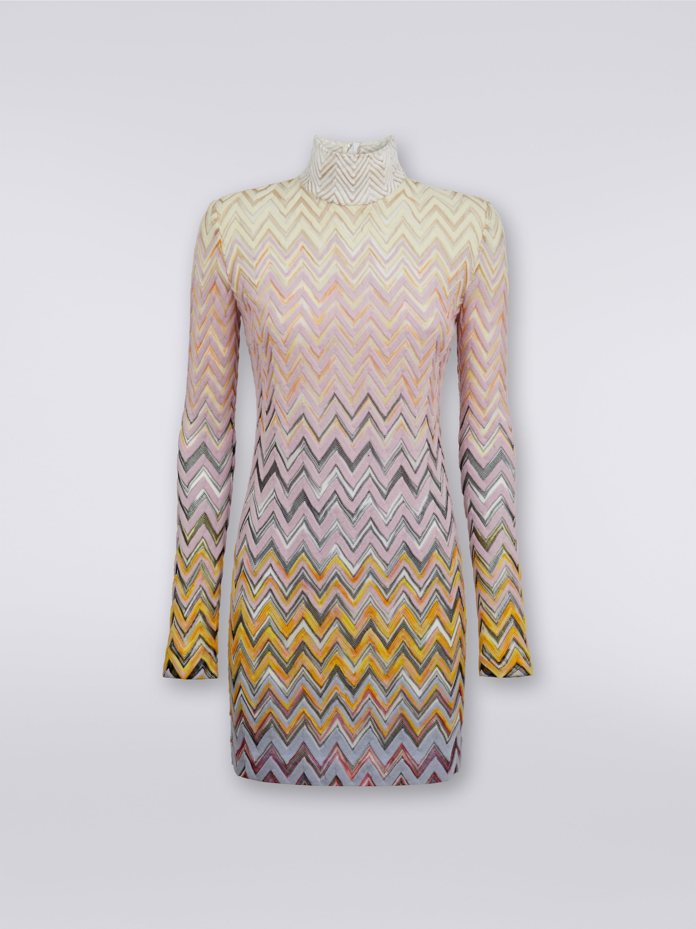High-neck mini dress in zigzag wool and viscose, Multicoloured  - 0