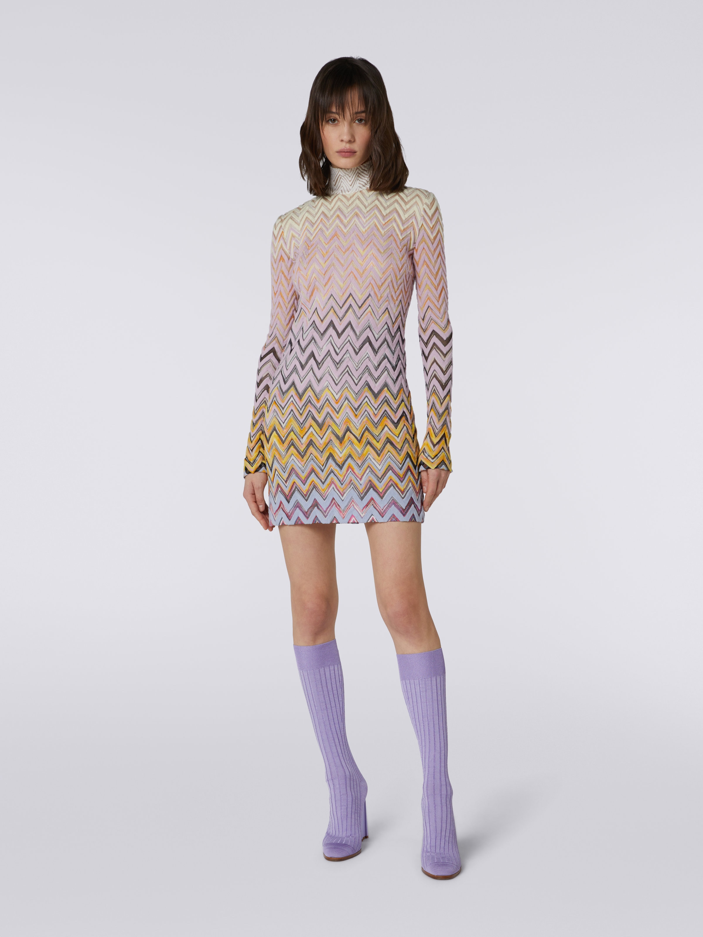 High-neck mini dress in zigzag wool and viscose, Multicoloured  - 1
