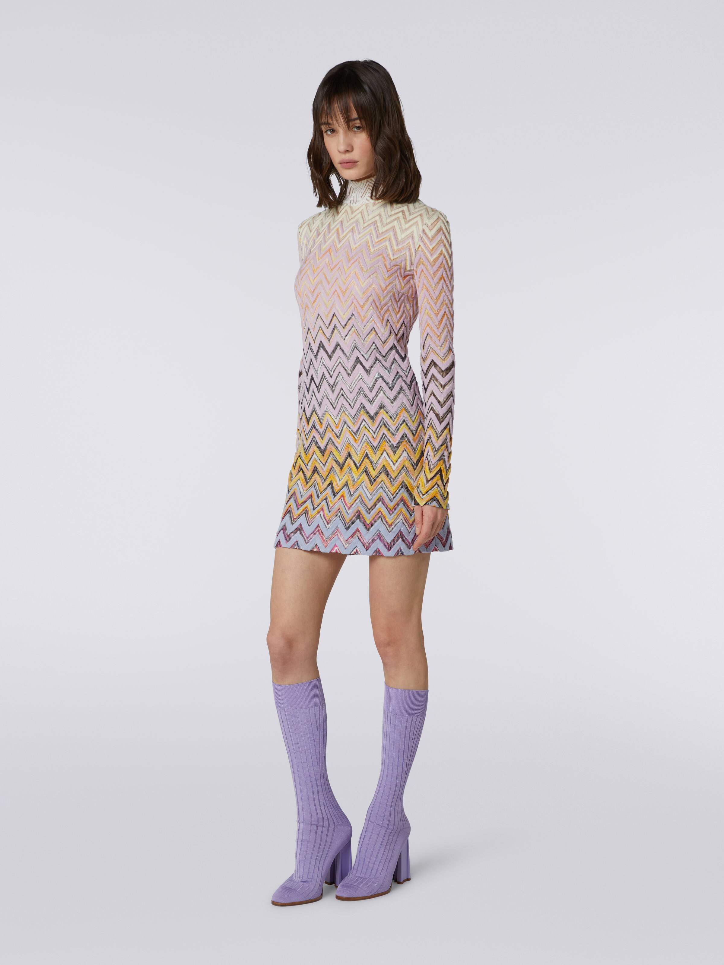 High-neck mini dress in zigzag wool and viscose, Multicoloured  - 2