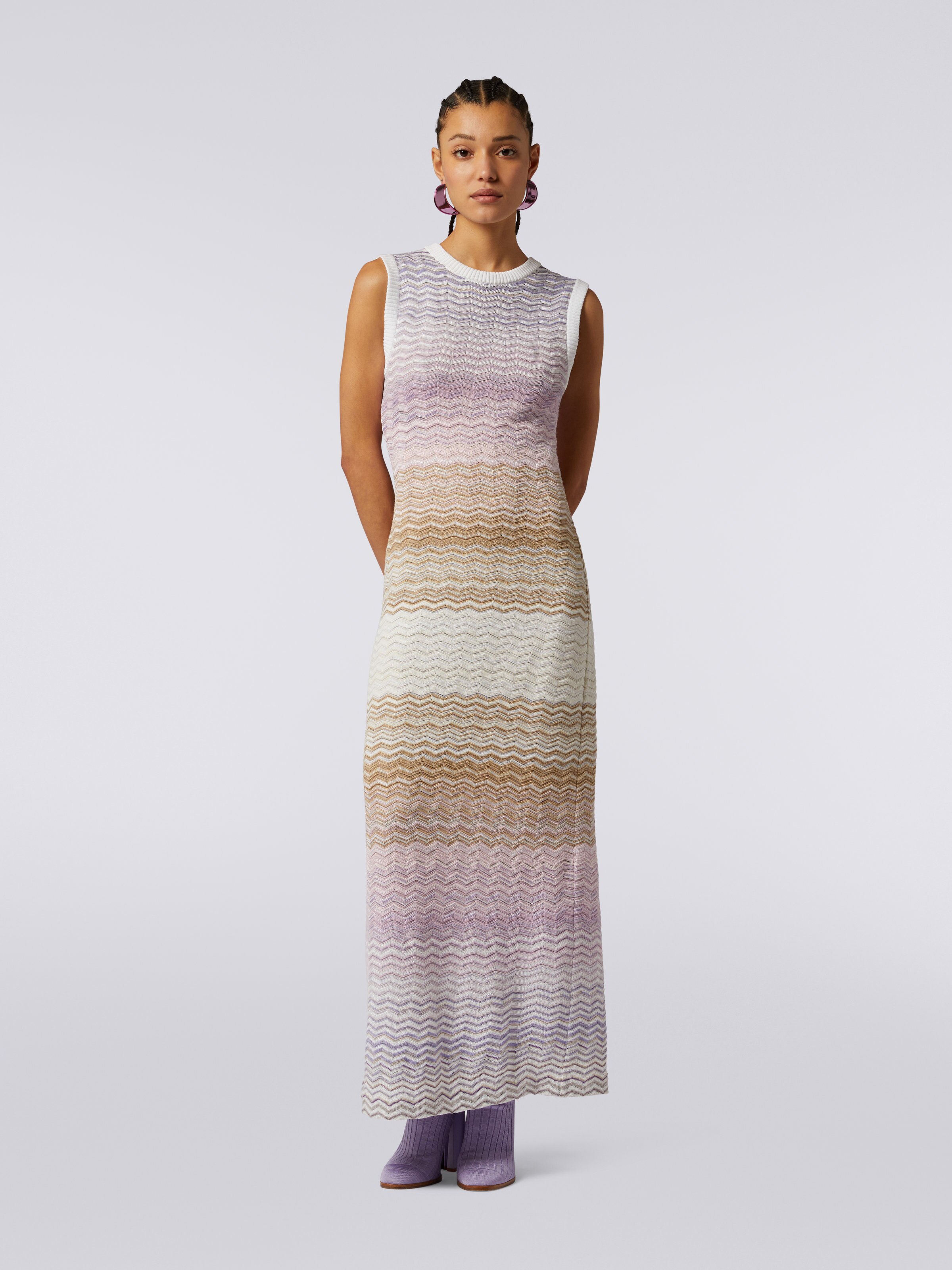 Cotton and viscose chevron long sleeveless dress, Multicoloured  - 1