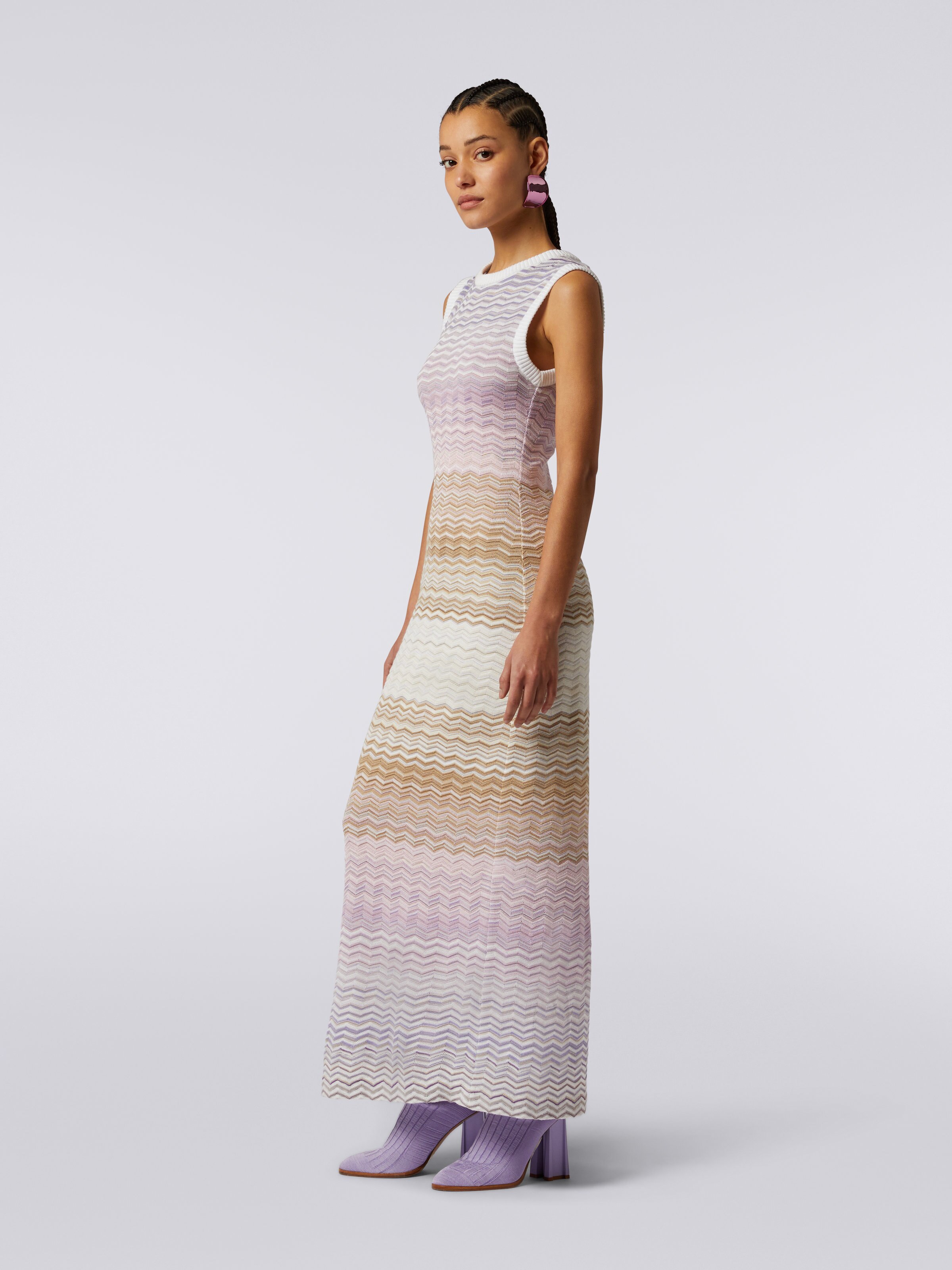 Cotton and viscose chevron long sleeveless dress, Multicoloured  - 2