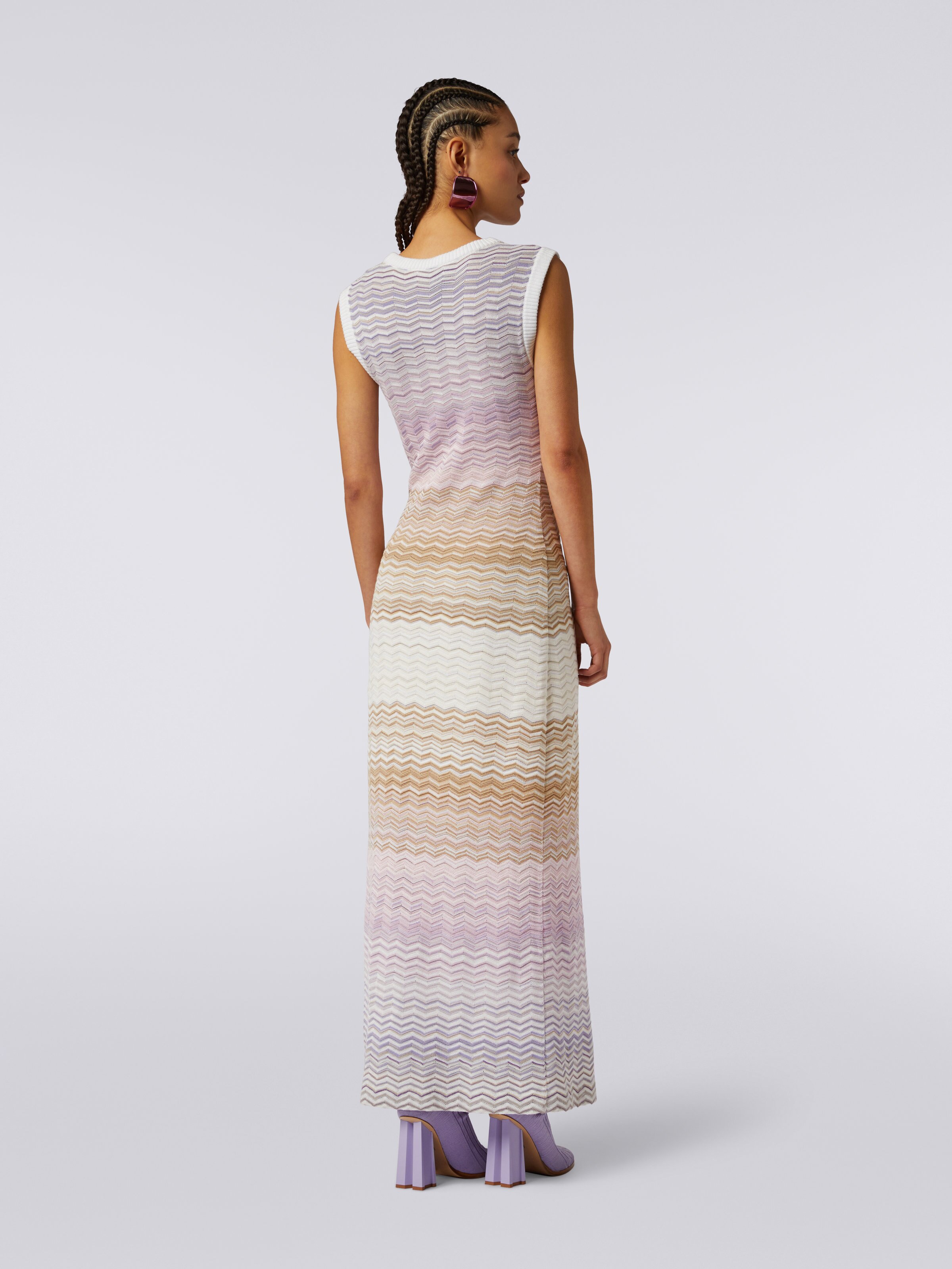 Cotton and viscose chevron long sleeveless dress, Multicoloured  - 3