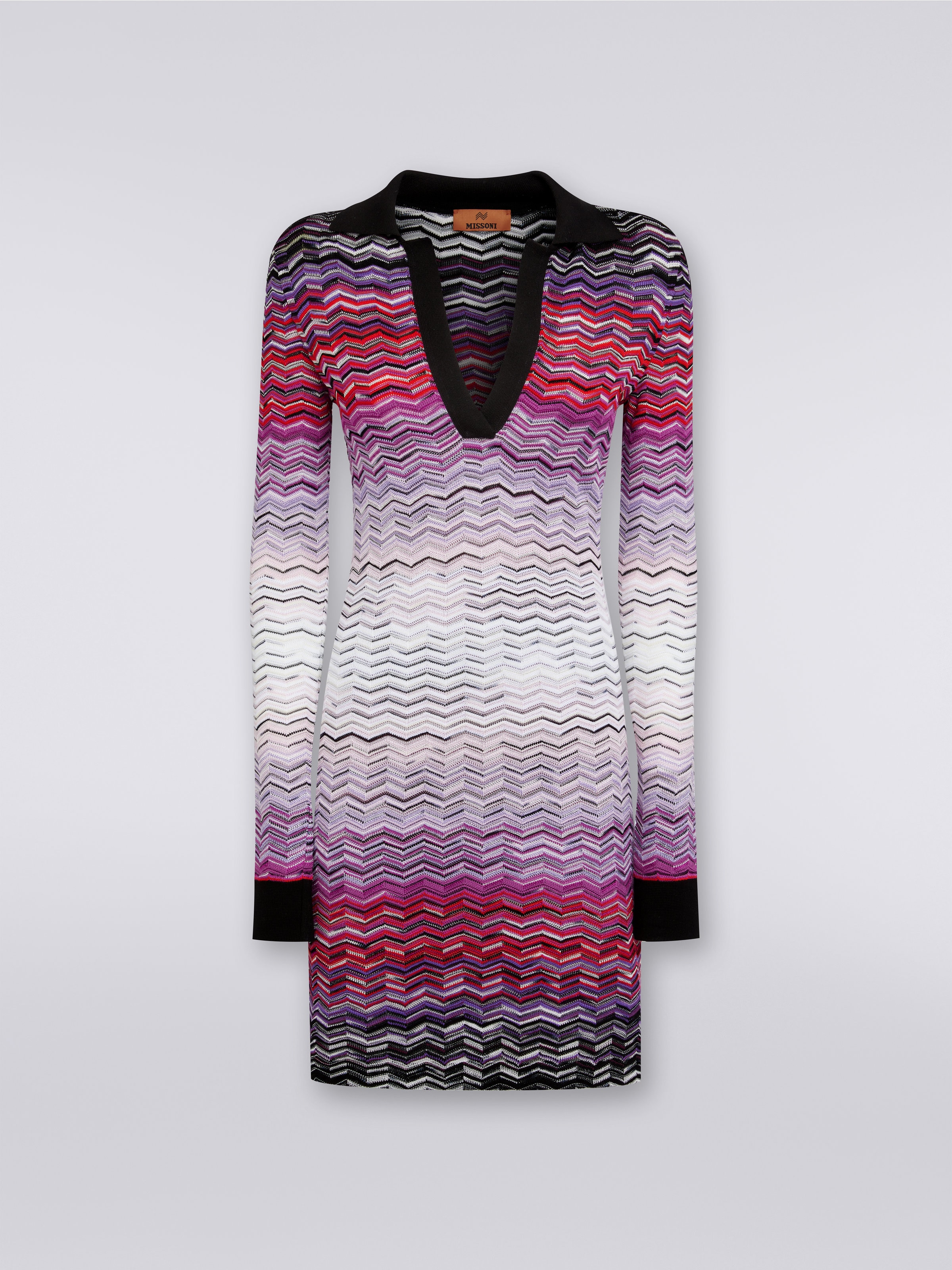 Short dégradé chevron dress with collar, Multicoloured  - 0
