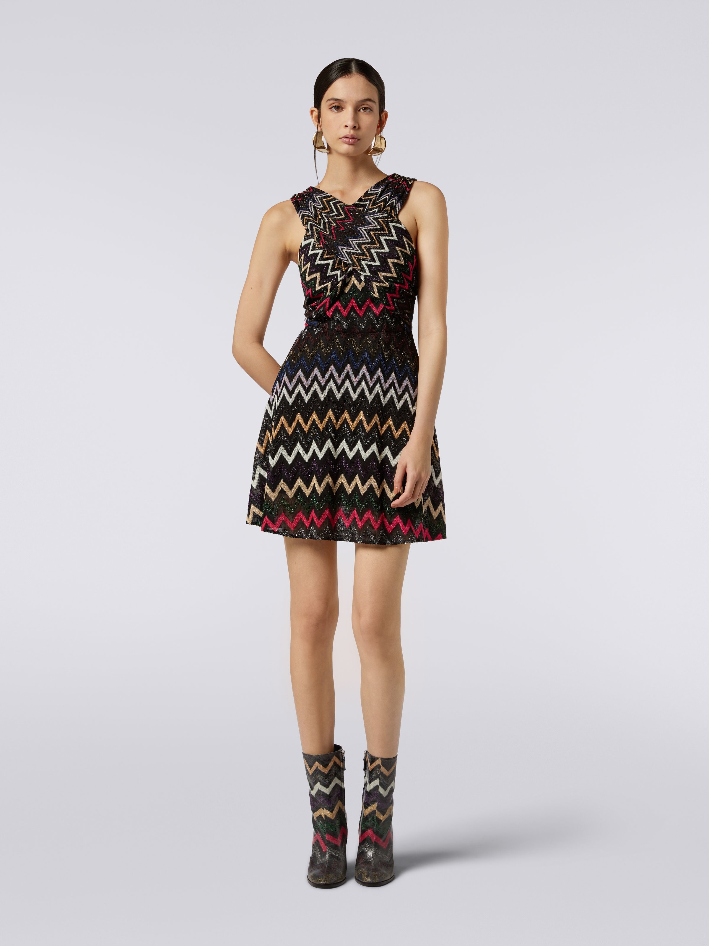 Zigzag patterned mini dress with crossover neckline, Multicoloured  - 1
