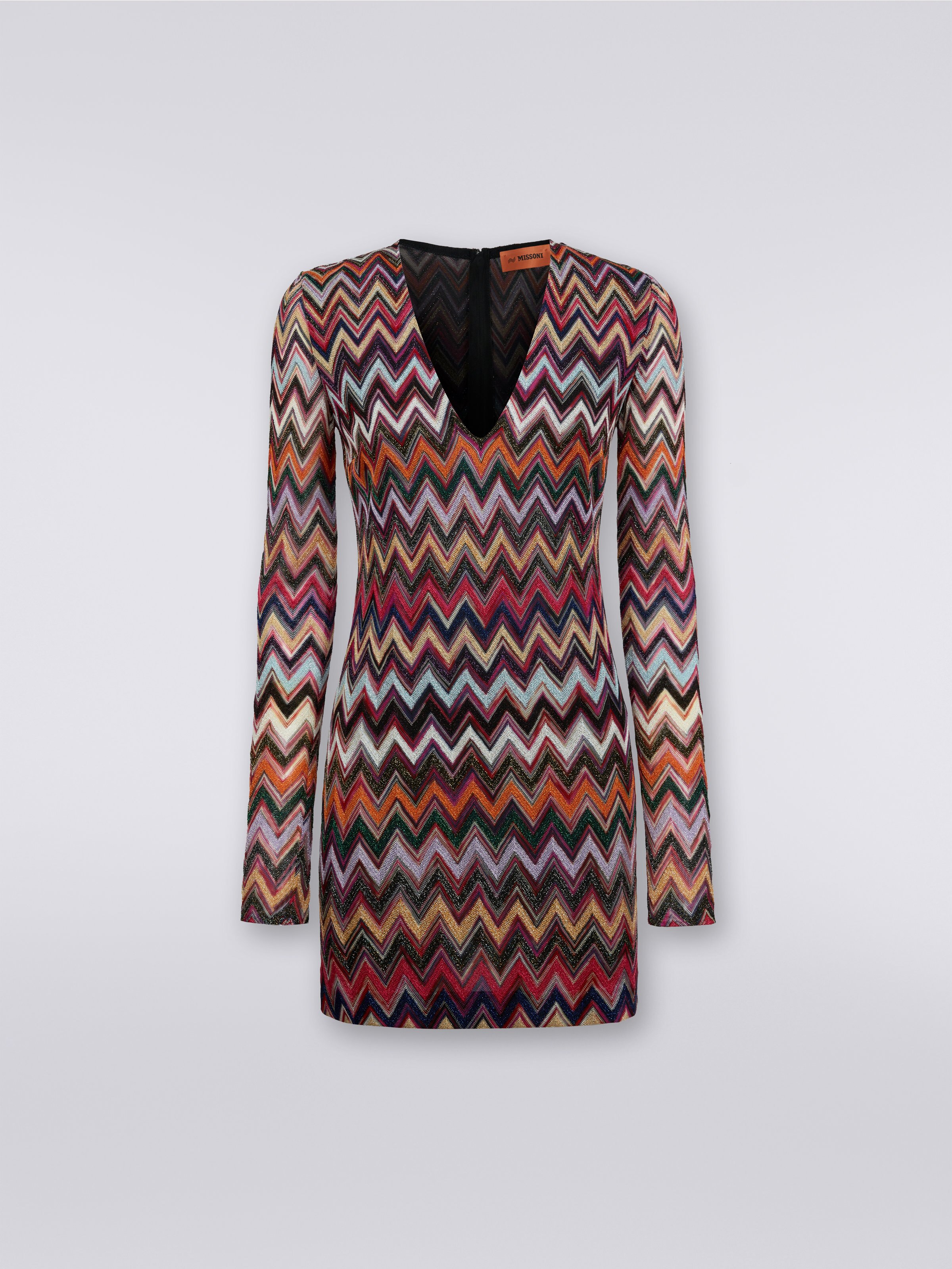 Lamé viscose chevron mini dress with V neckline , Multicoloured  - 0