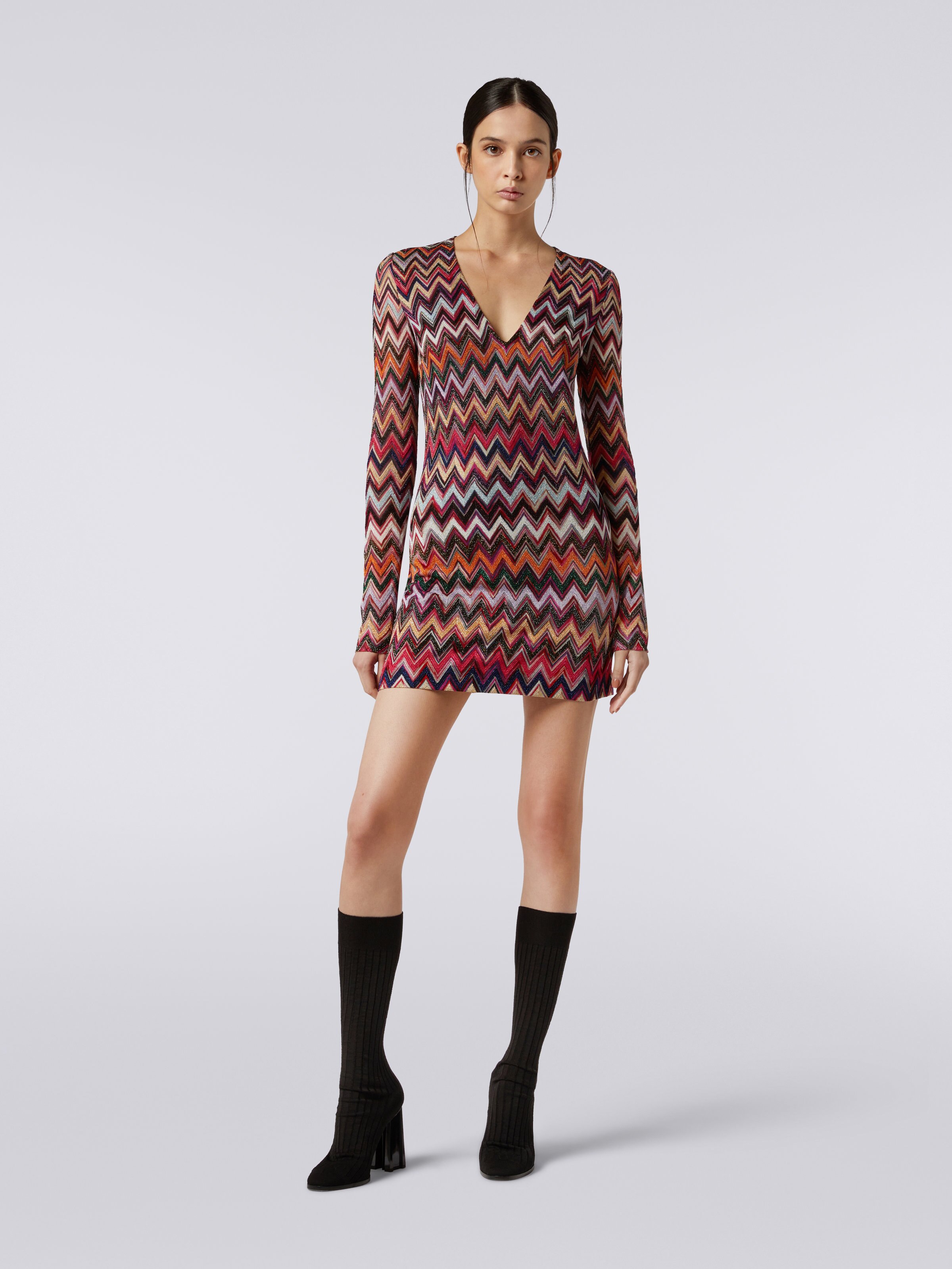 Lamé viscose chevron mini dress with V neckline , Multicoloured  - 1