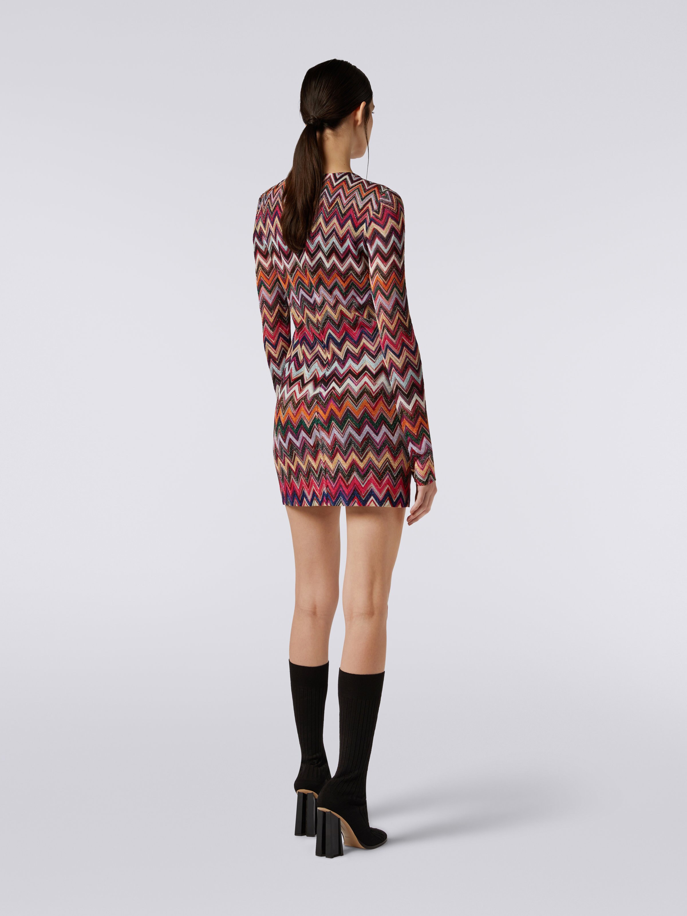 Lamé viscose chevron mini dress with V neckline , Multicoloured  - 3