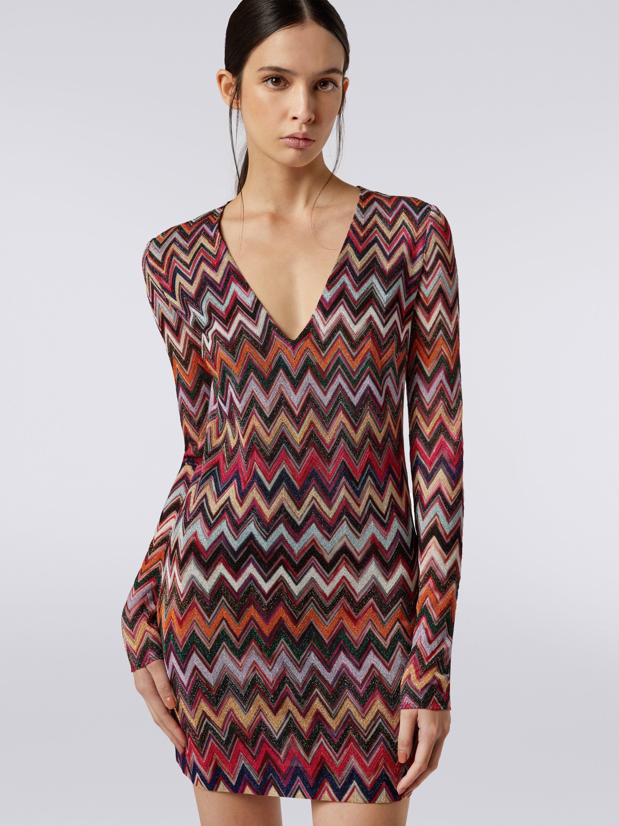 Lamé viscose chevron mini dress with V neckline , Multicoloured  - 4