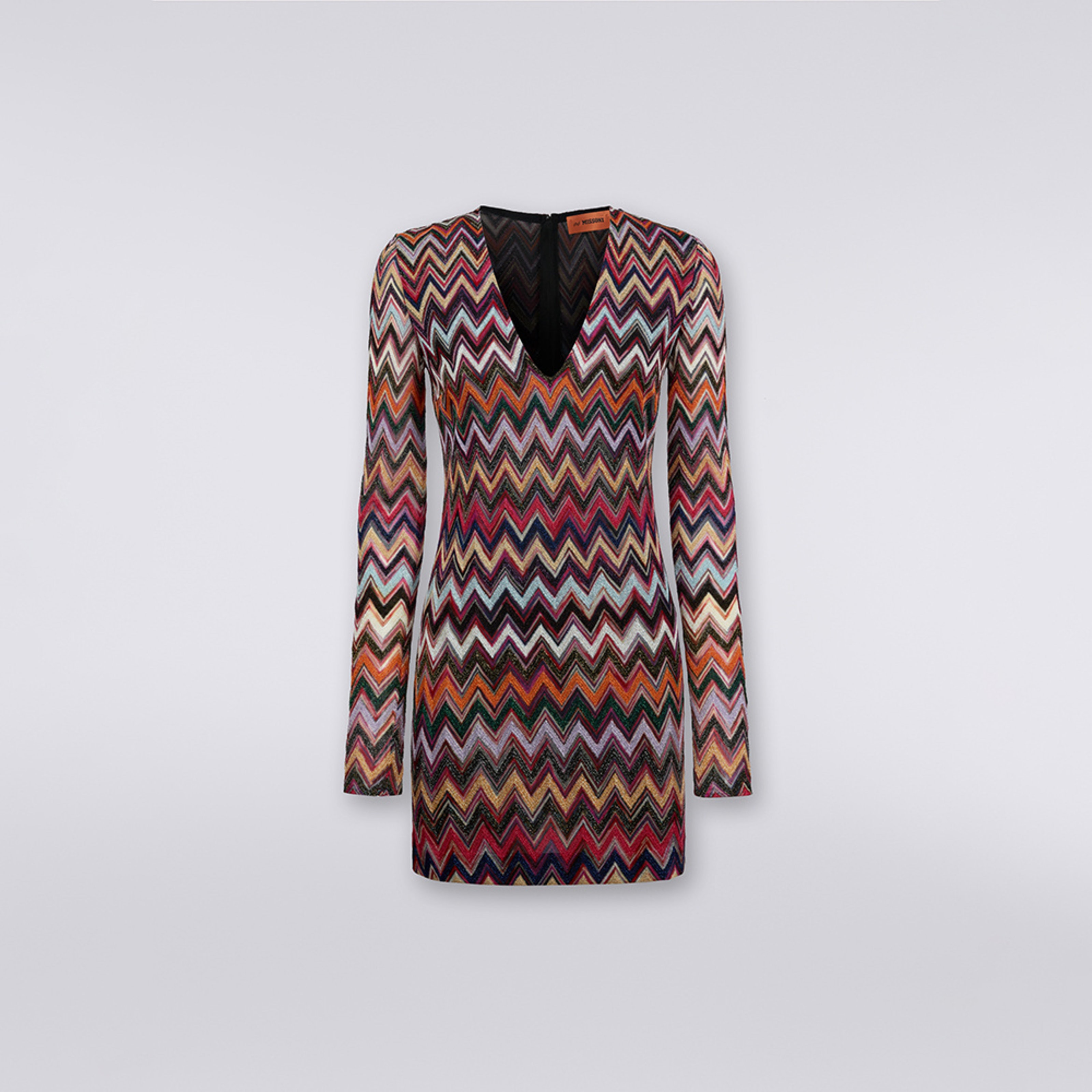 Lamé viscose chevron mini dress with V neckline , Multicoloured  - 5