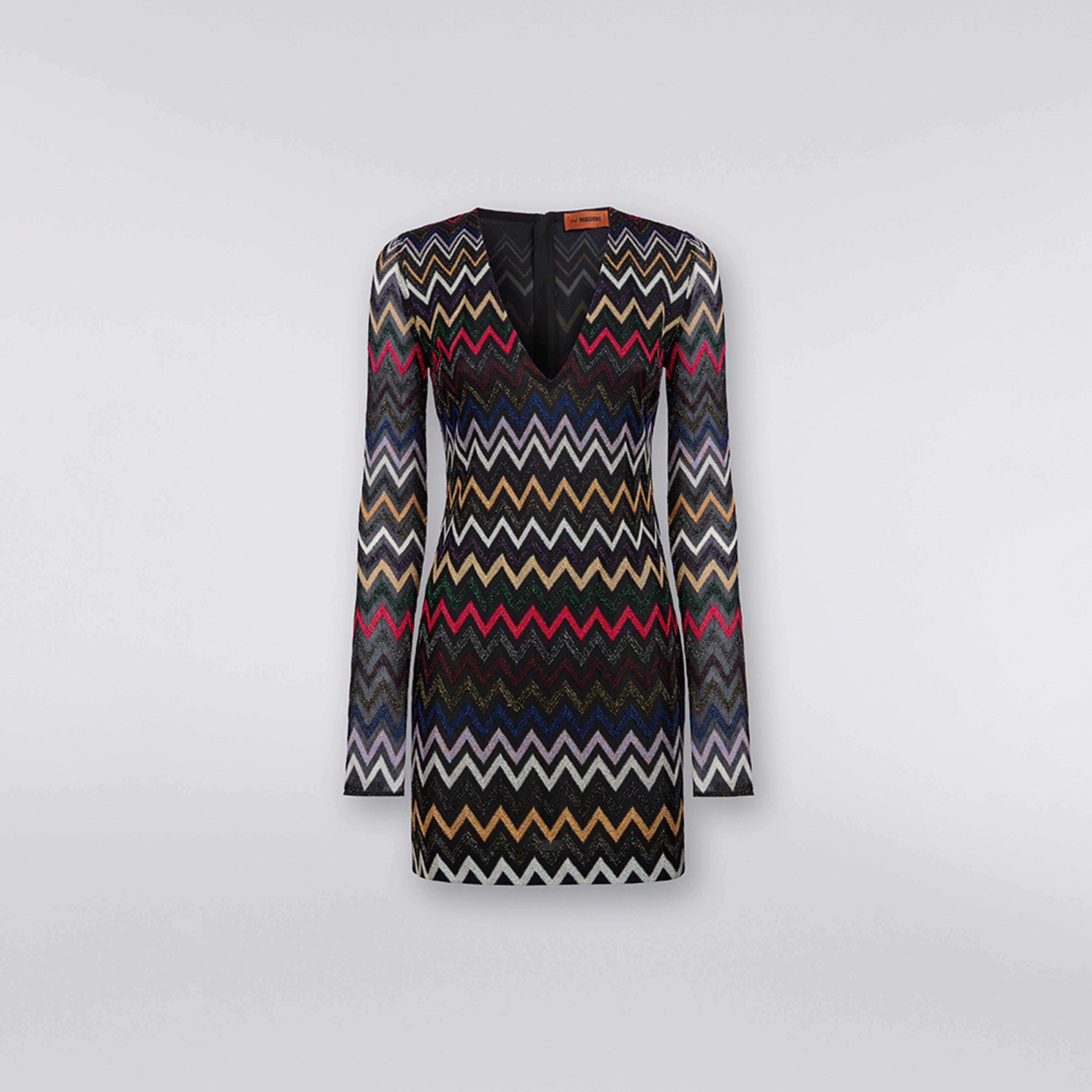 Lamé viscose chevron mini dress with V neckline , Multicoloured  - 5