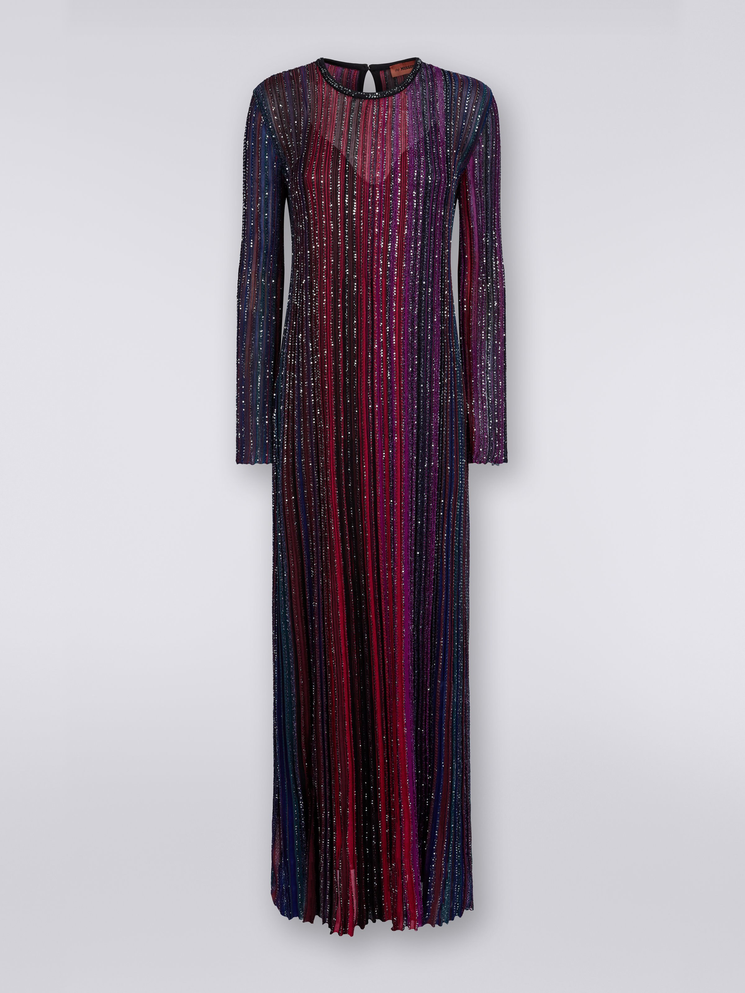Long pleated viscose lamé dress with sequins , Multicoloured  - 0