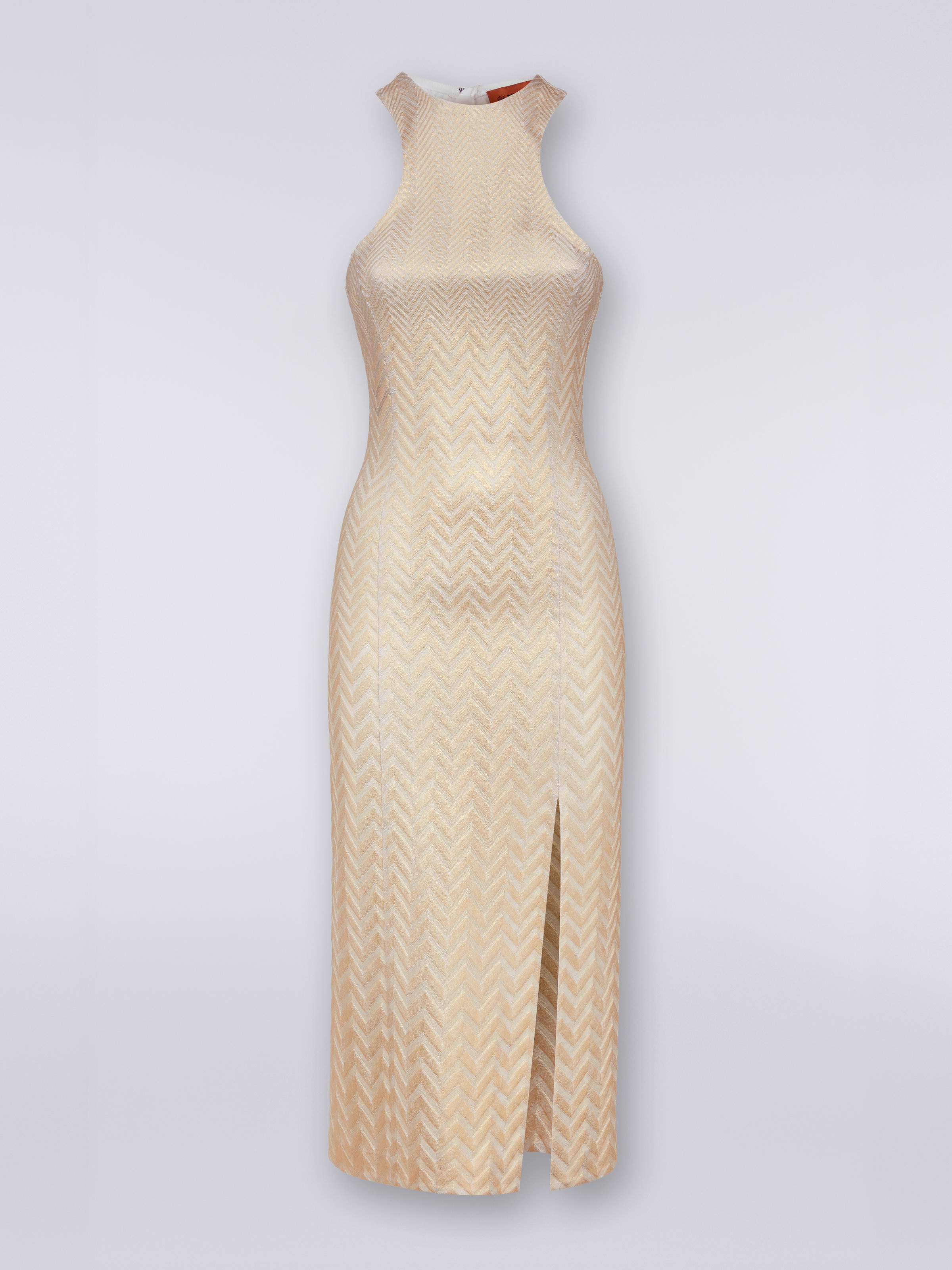 Langes Neckholder-Kleid aus Baumwolle und Viskose mit Chevronmuster , Gold - 0