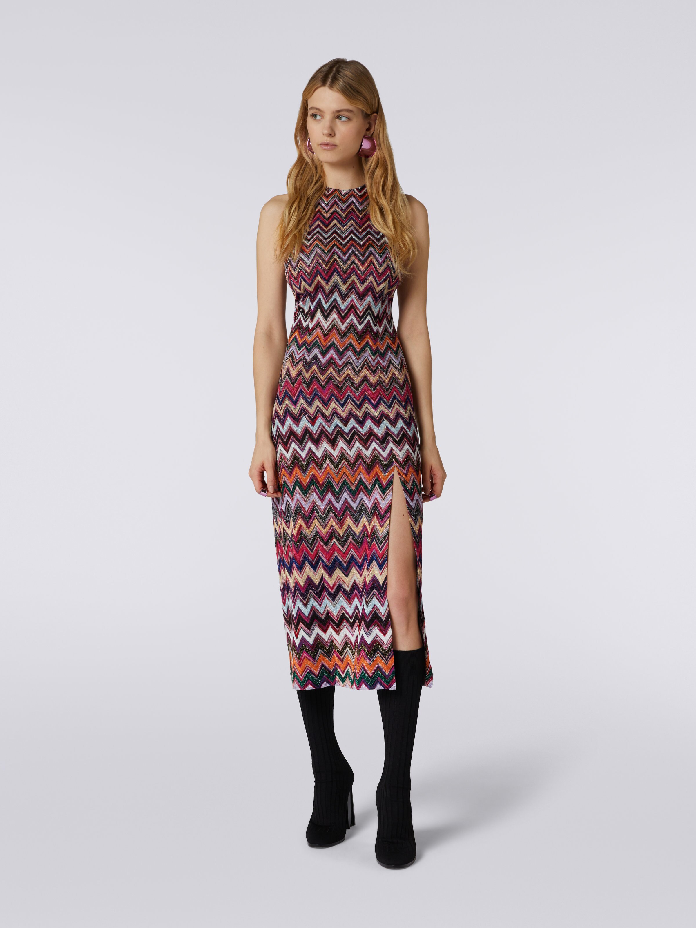 Long dress chevron with American neckline in viscose with lurex , Multicoloured  - 1