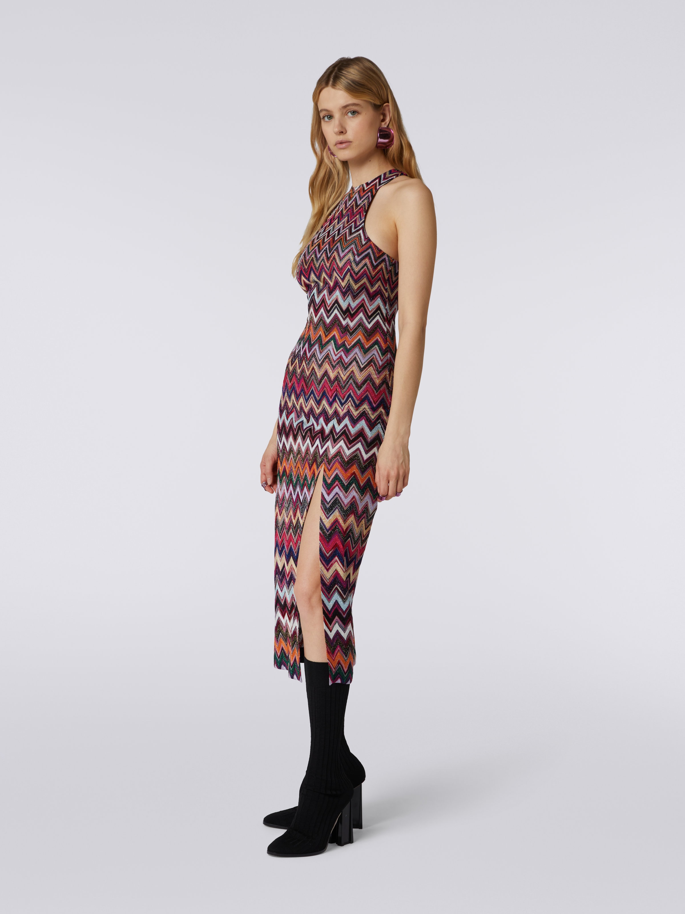 Long dress chevron with American neckline in viscose with lurex , Multicoloured  - 2