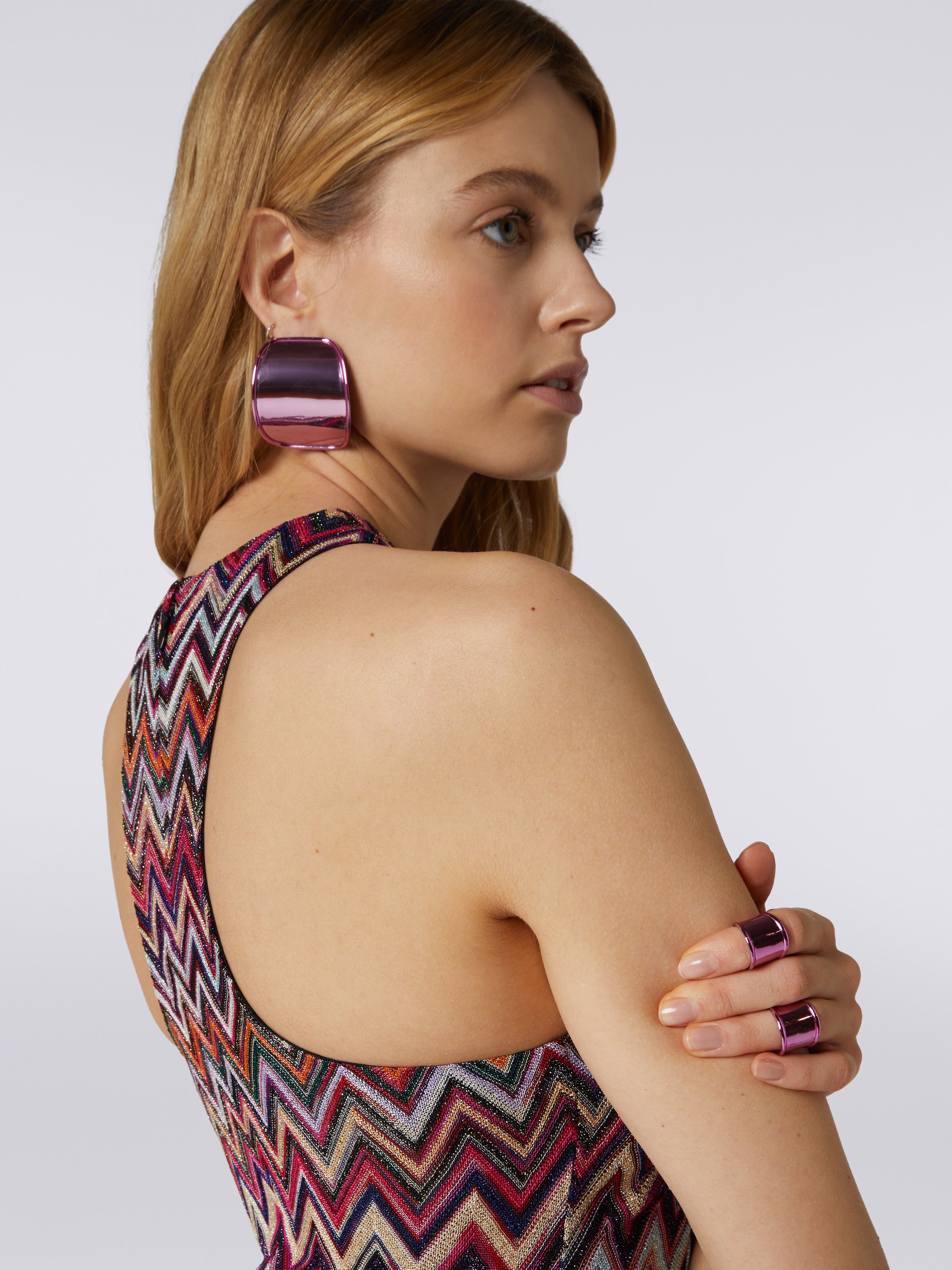 Long dress chevron with American neckline in viscose with lurex , Multicoloured  - 4