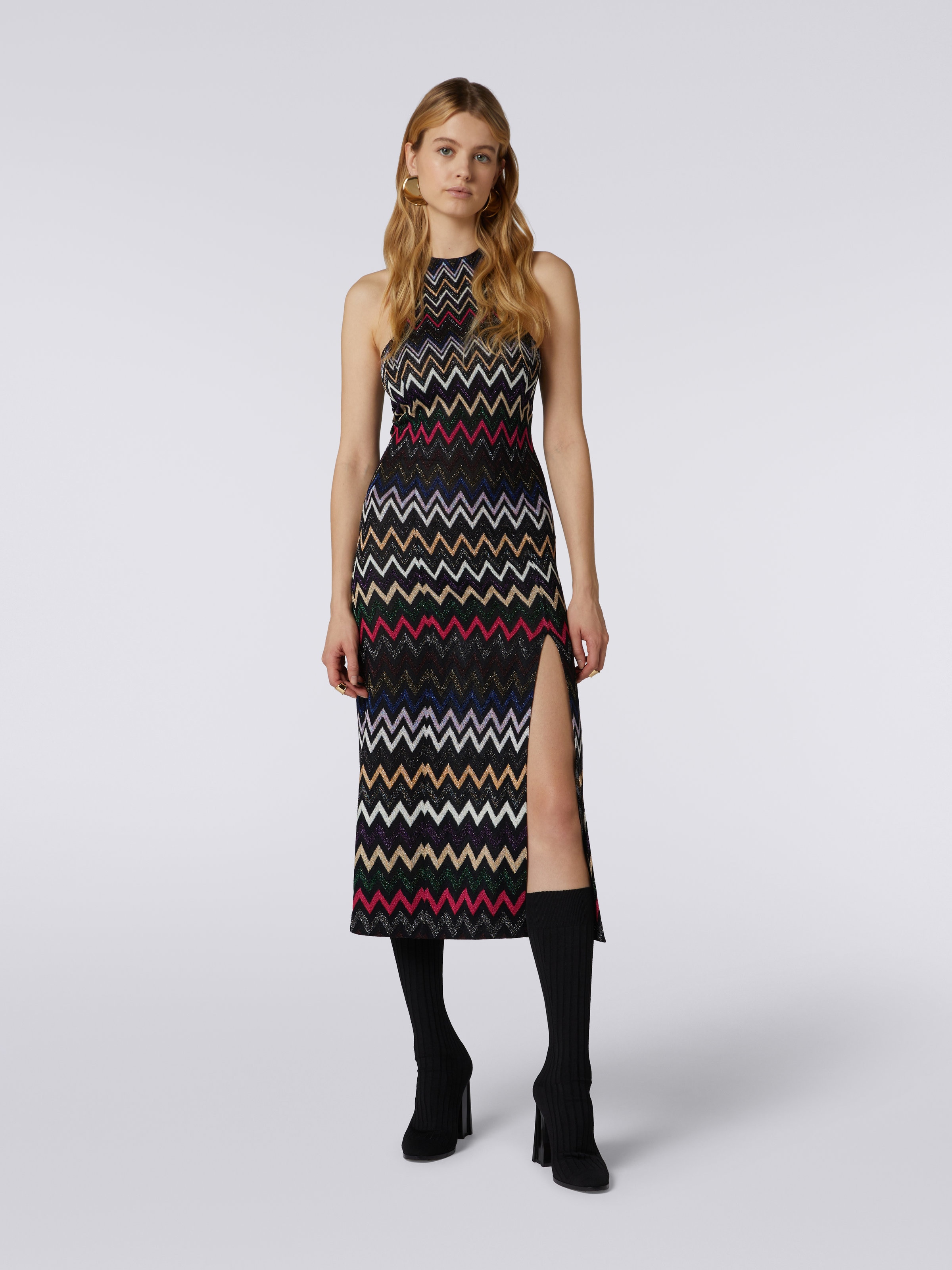 Long dress chevron with American neckline in viscose with lurex , Multicoloured  - 1