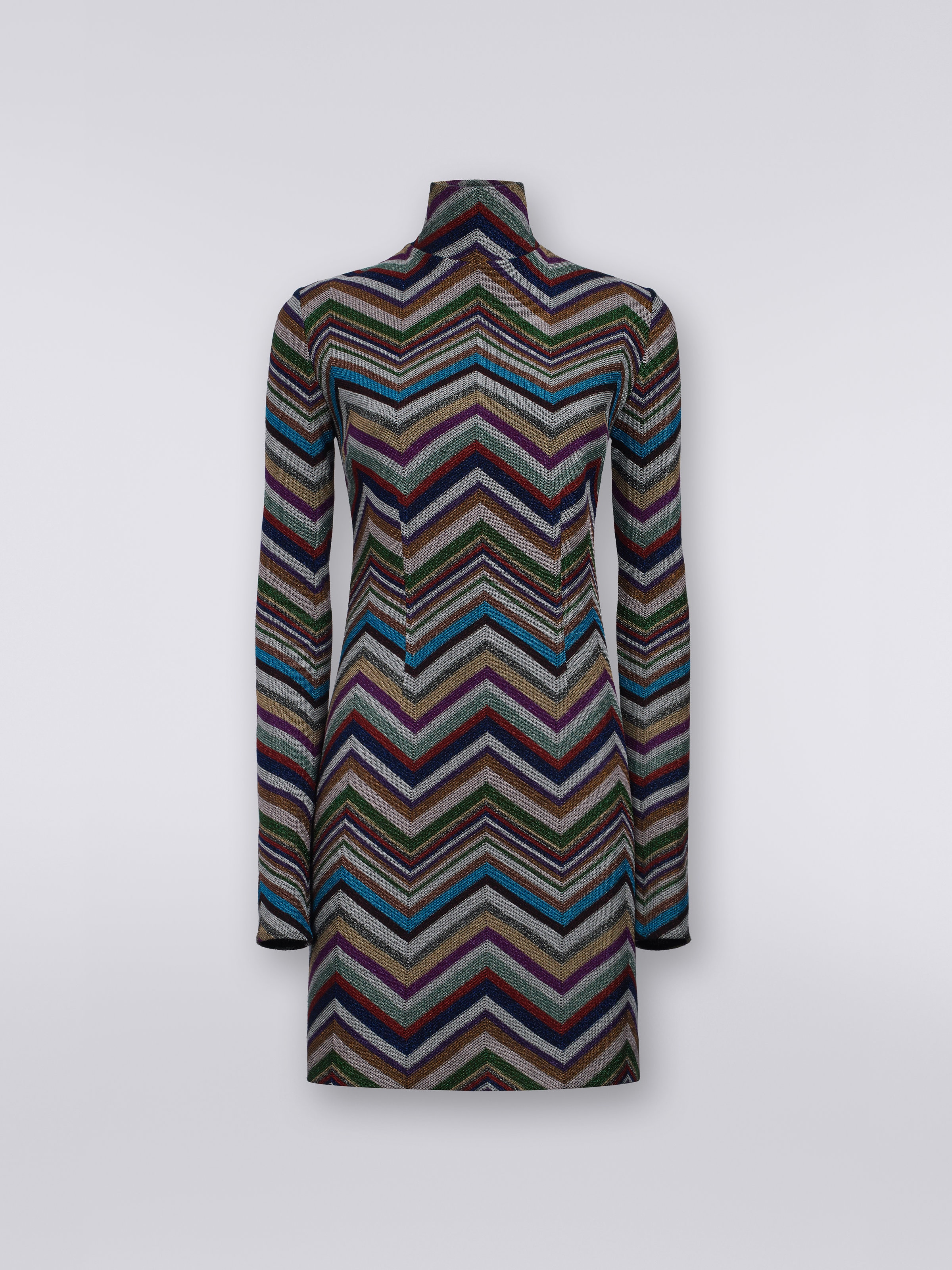 Kleid aus einem Woll-Viskose-Mischgewebe mit Zickzackmuster und Lamé, Mehrfarbig  - 0
