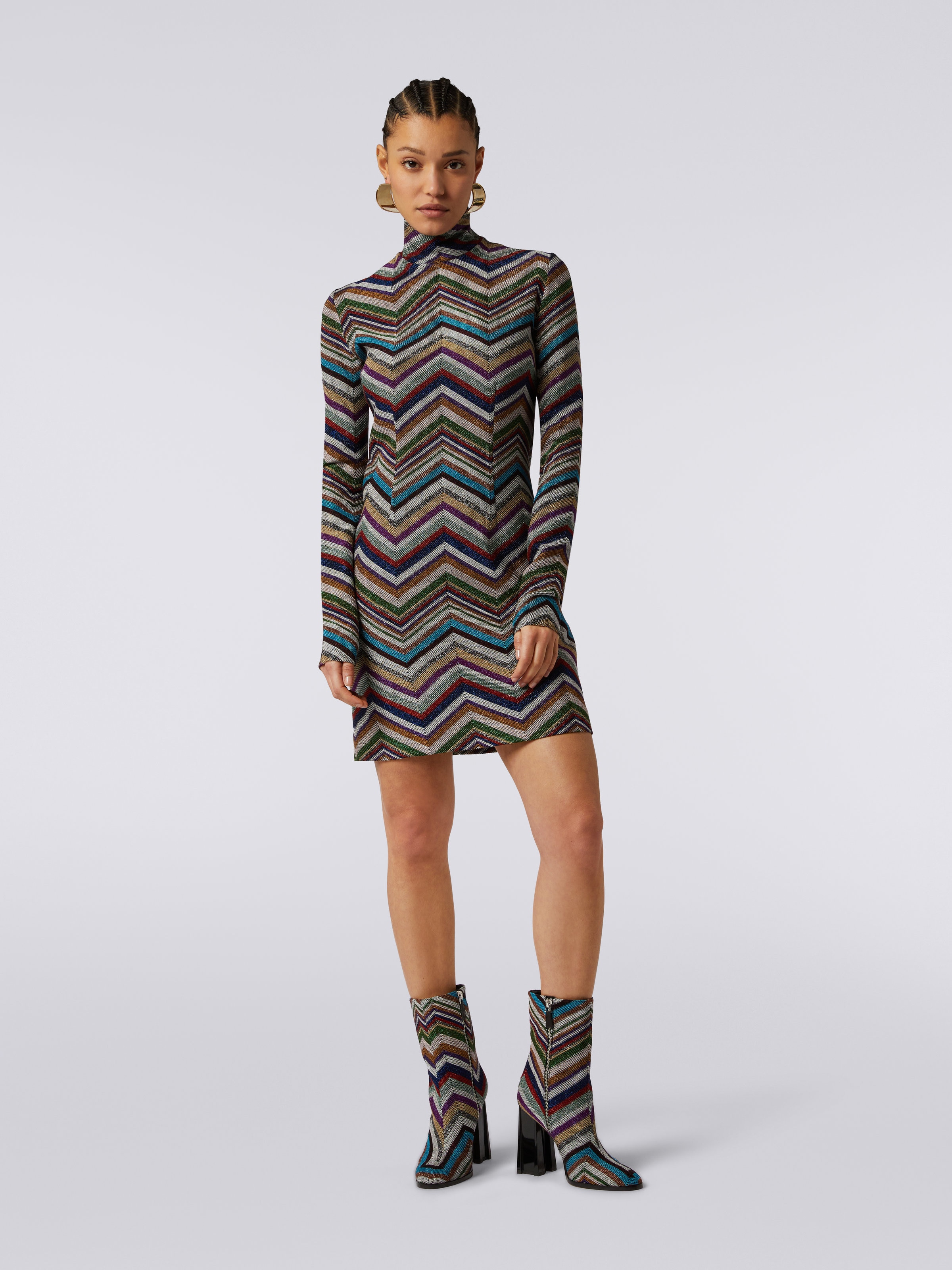 Vestido en mezcla de lana y viscosa con zigzag lamé, Multicolor  - 1