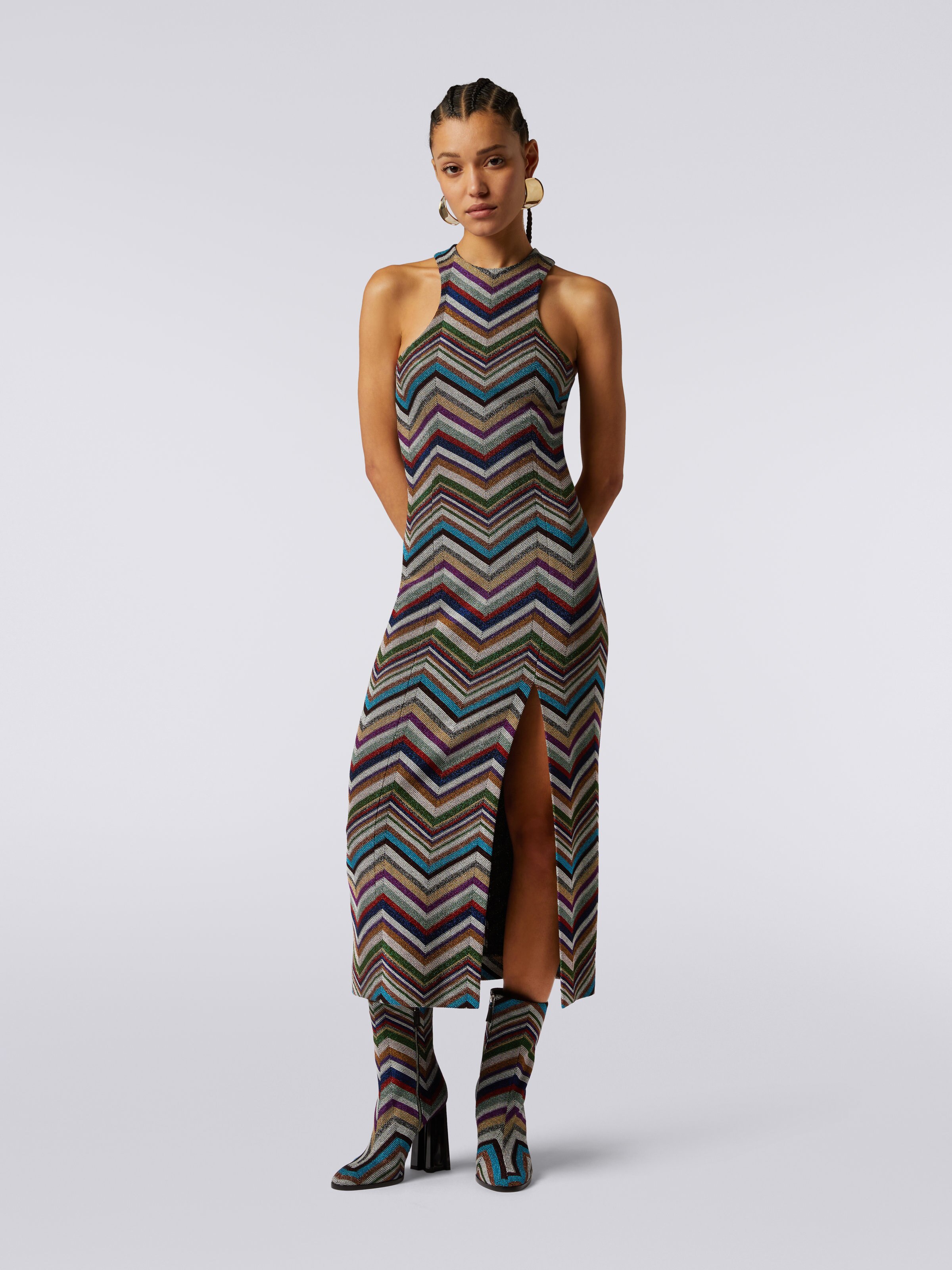 Robe à encolure américaine en laine mélangée zig zag lamé, Multicolore  - 1