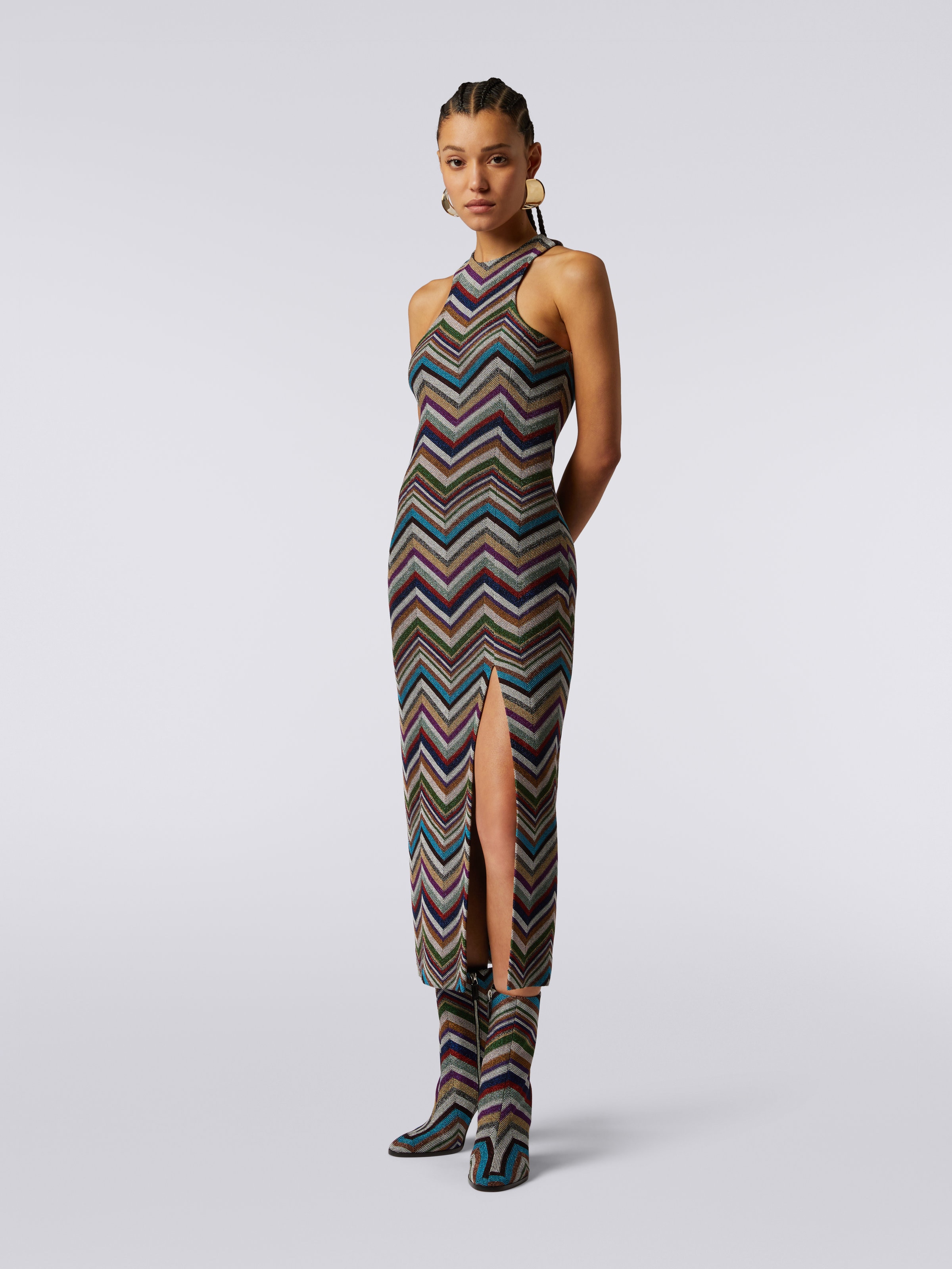 Robe à encolure américaine en laine mélangée zig zag lamé, Multicolore  - 2