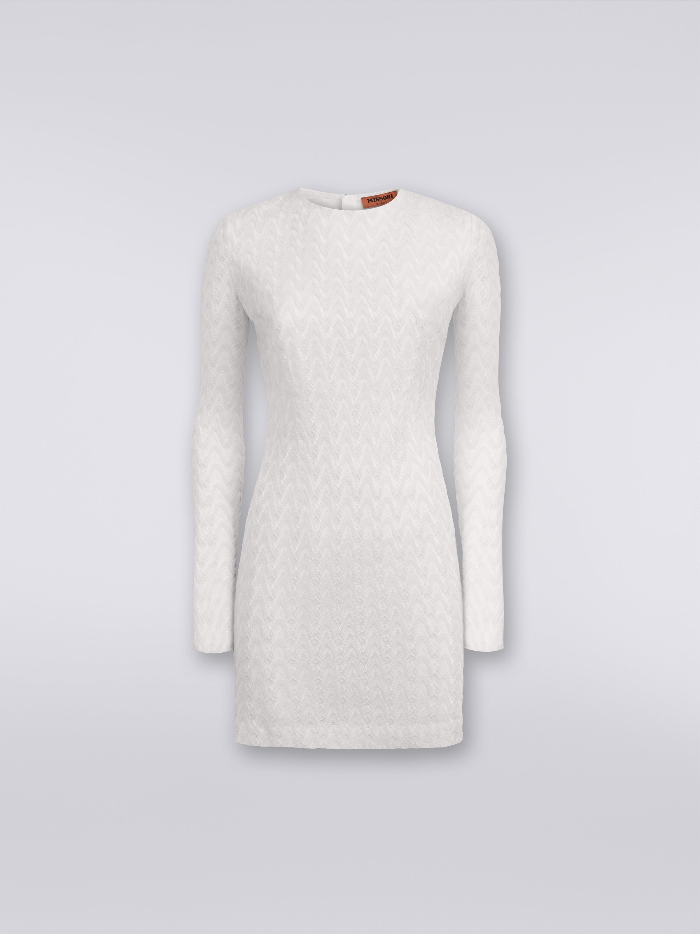 Crew-neck mini dress in wool and viscose with zigzag lace, White  - 0