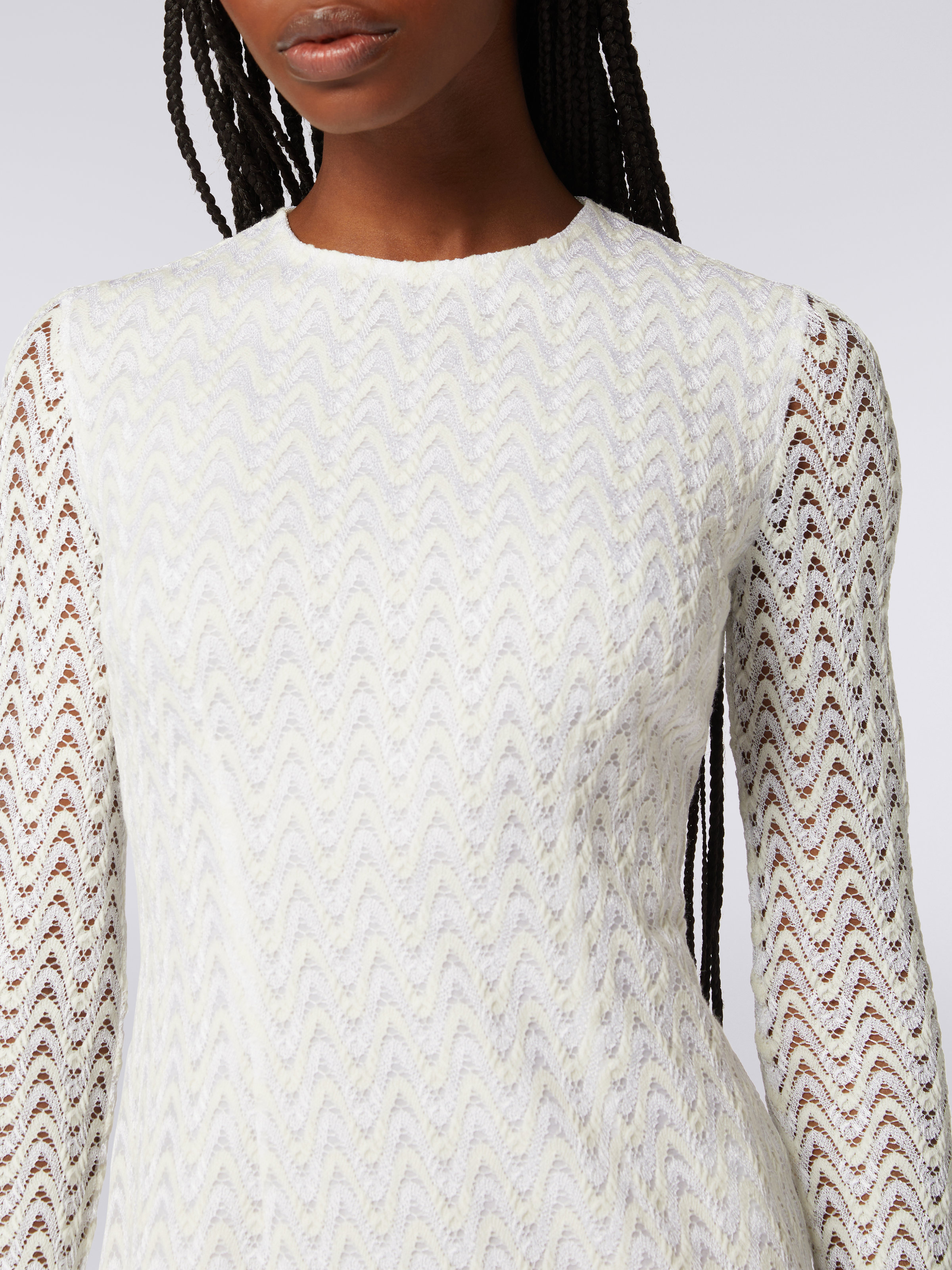 Crew-neck mini dress in wool and viscose with zigzag lace, White  - 4