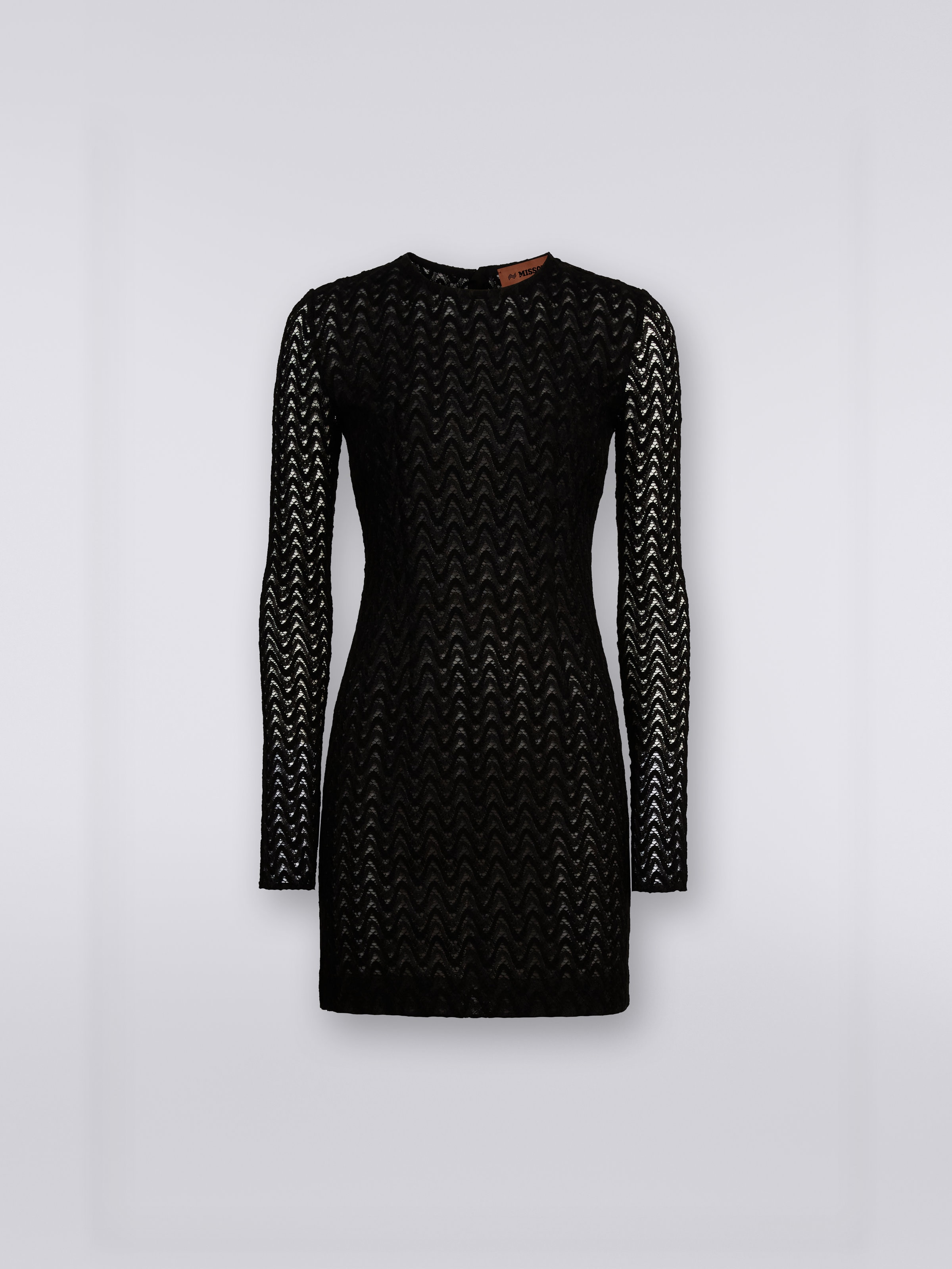 Crew-neck mini dress in wool and viscose with zigzag lace, Black    - 0