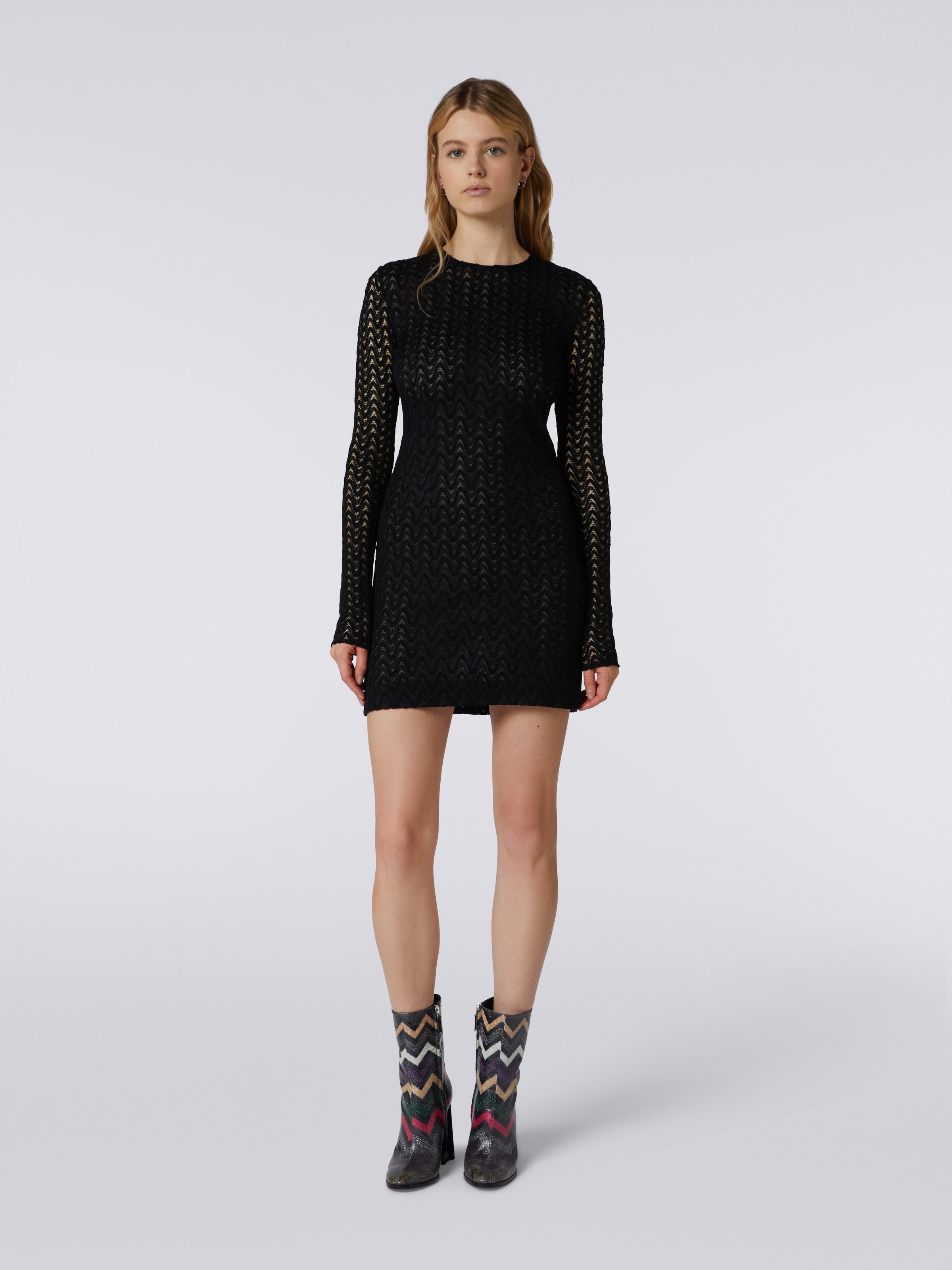 Crew-neck mini dress in wool and viscose with zigzag lace , Black    - 1