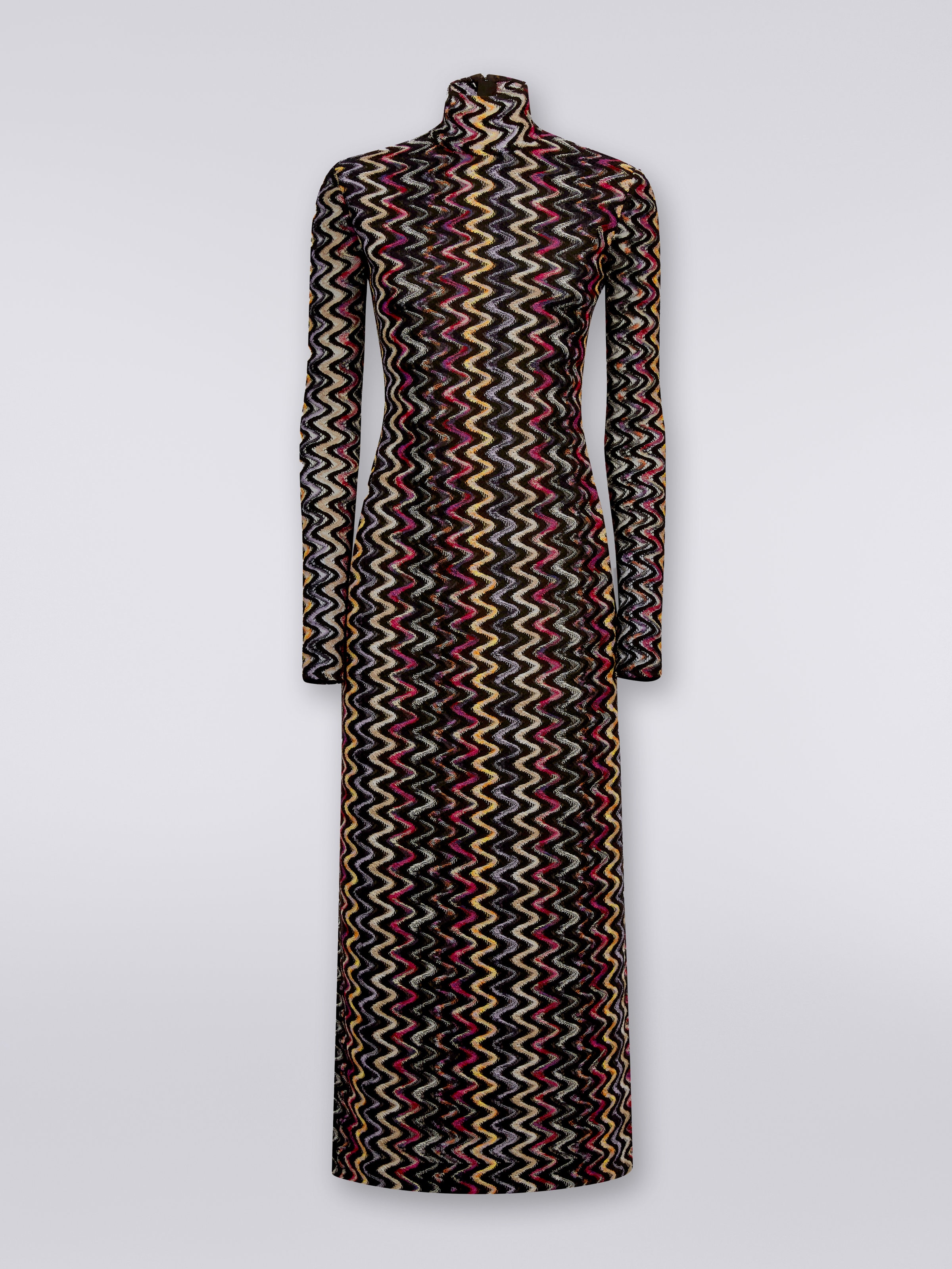 Langes Kleid aus Wolle und Viskose mit Raschelverarbeitung und Zickzackmuster, Mehrfarbig  - 0