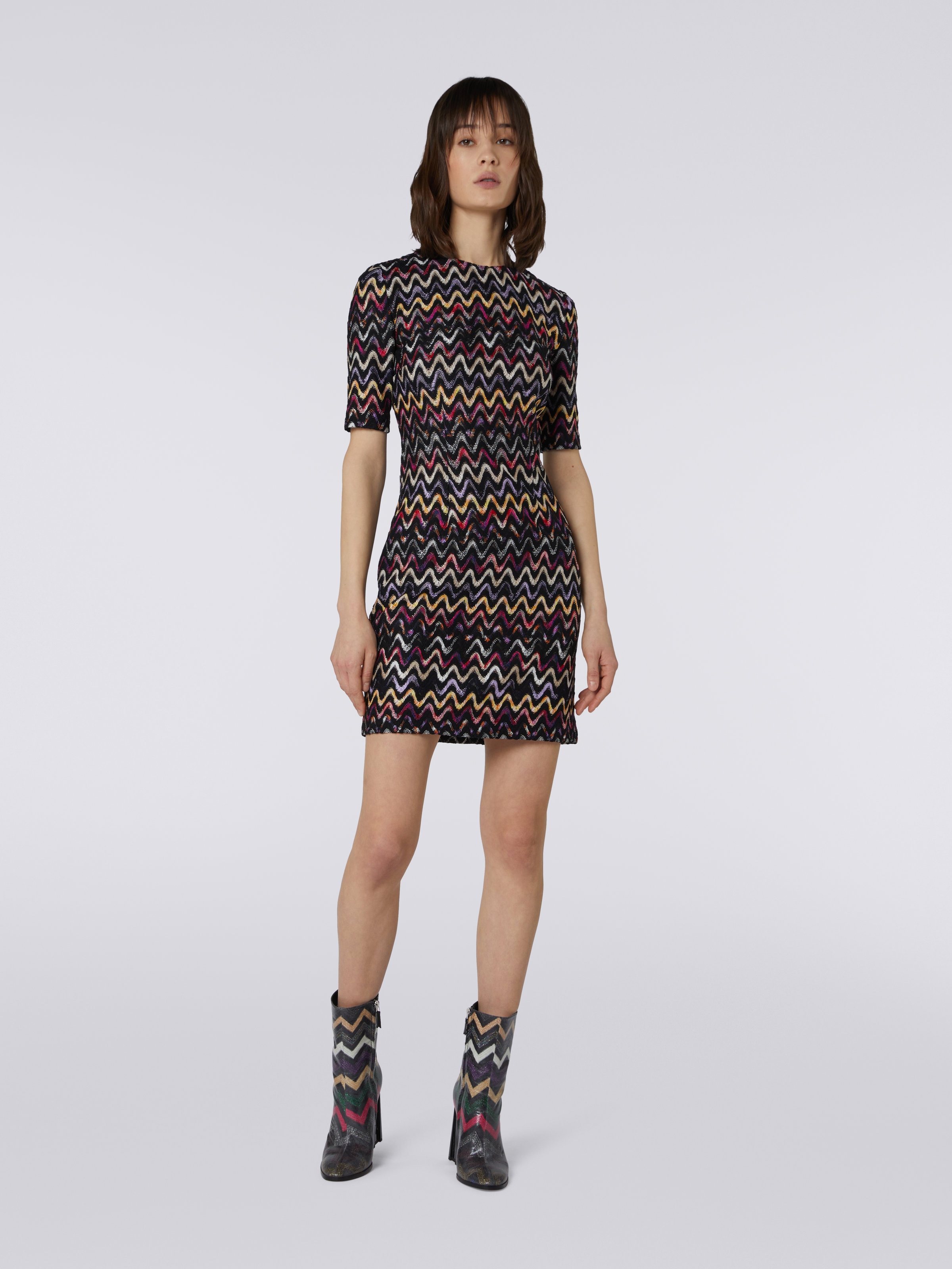 Mini dress in raschel zigzag knit wool and viscose, Multicoloured  - 1