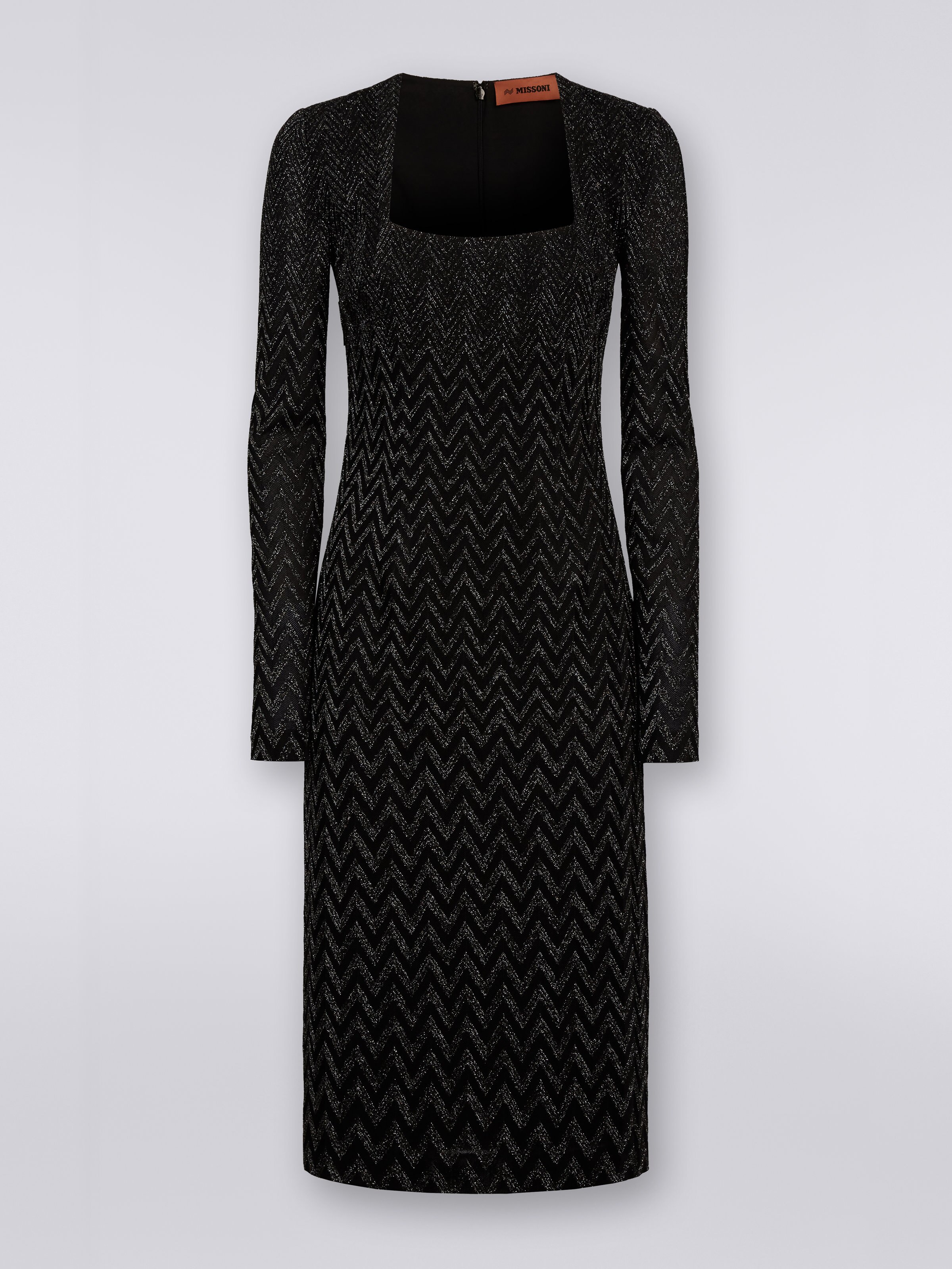Viscose chevron midi dress with square neckline with lurex , Black    - 0