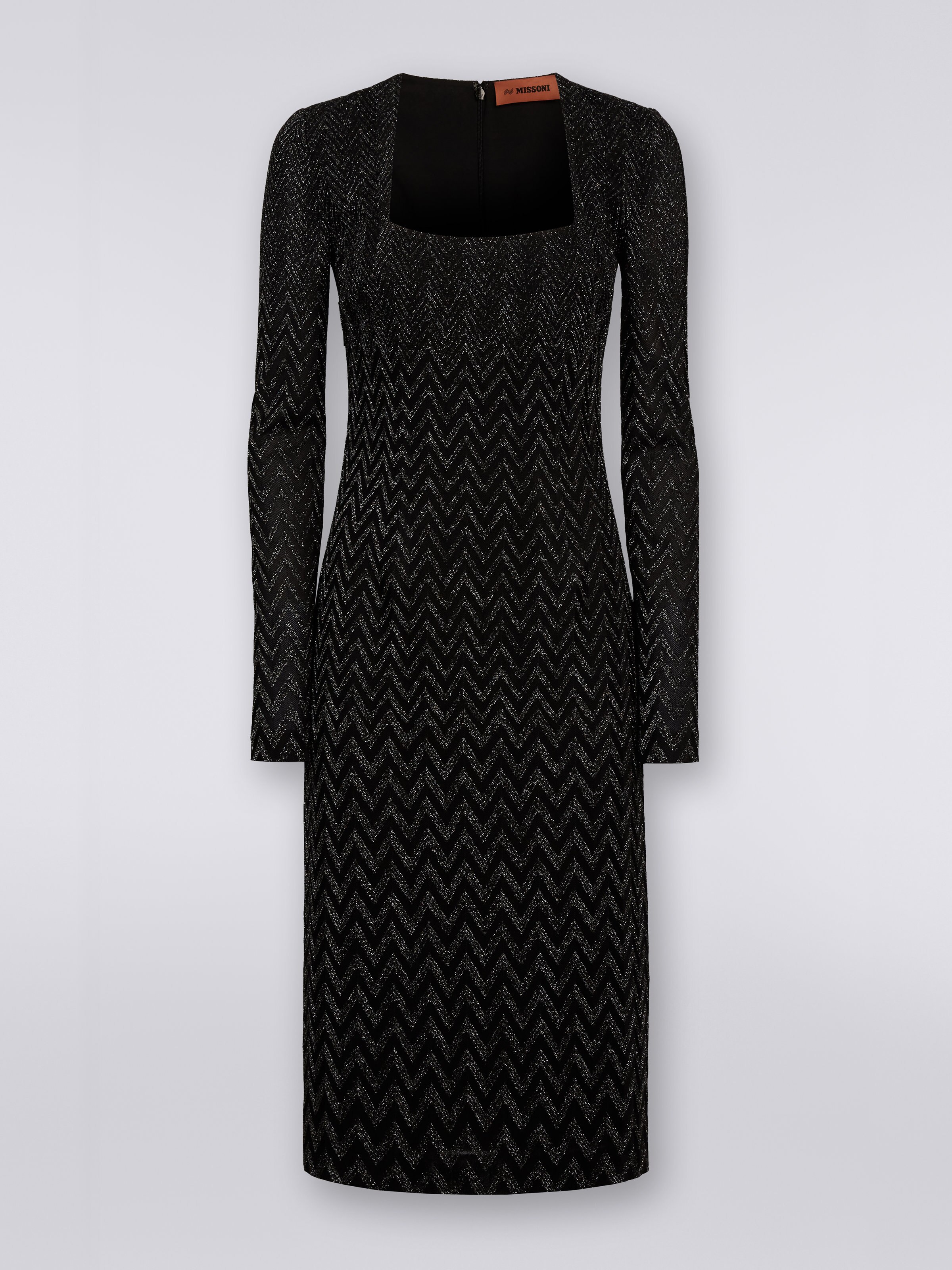 Abito midi con scollatura squadrata in viscosa chevron con lurex, Nero    - 0