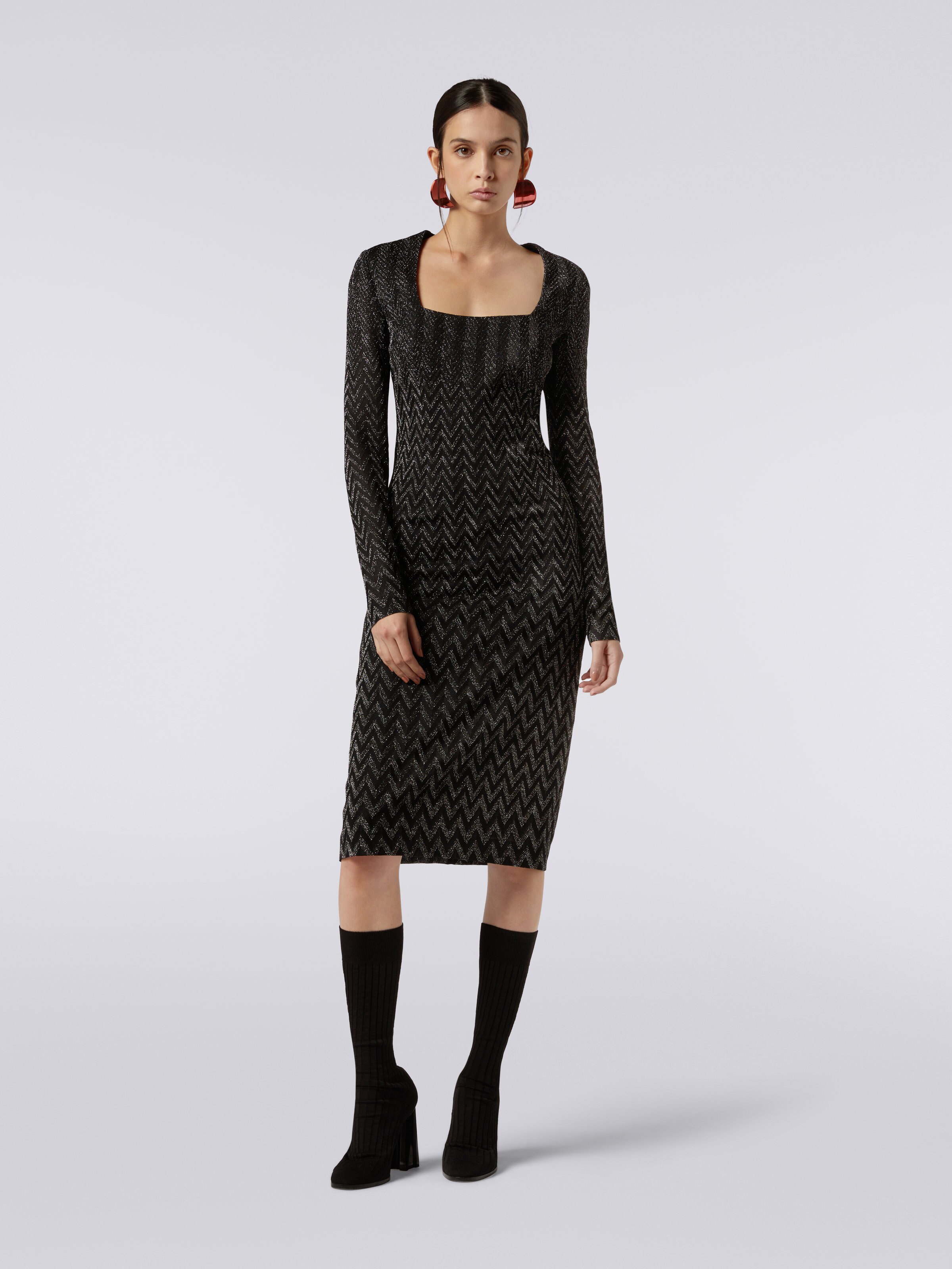 Viscose chevron midi dress with square neckline with lurex , Black    - 1