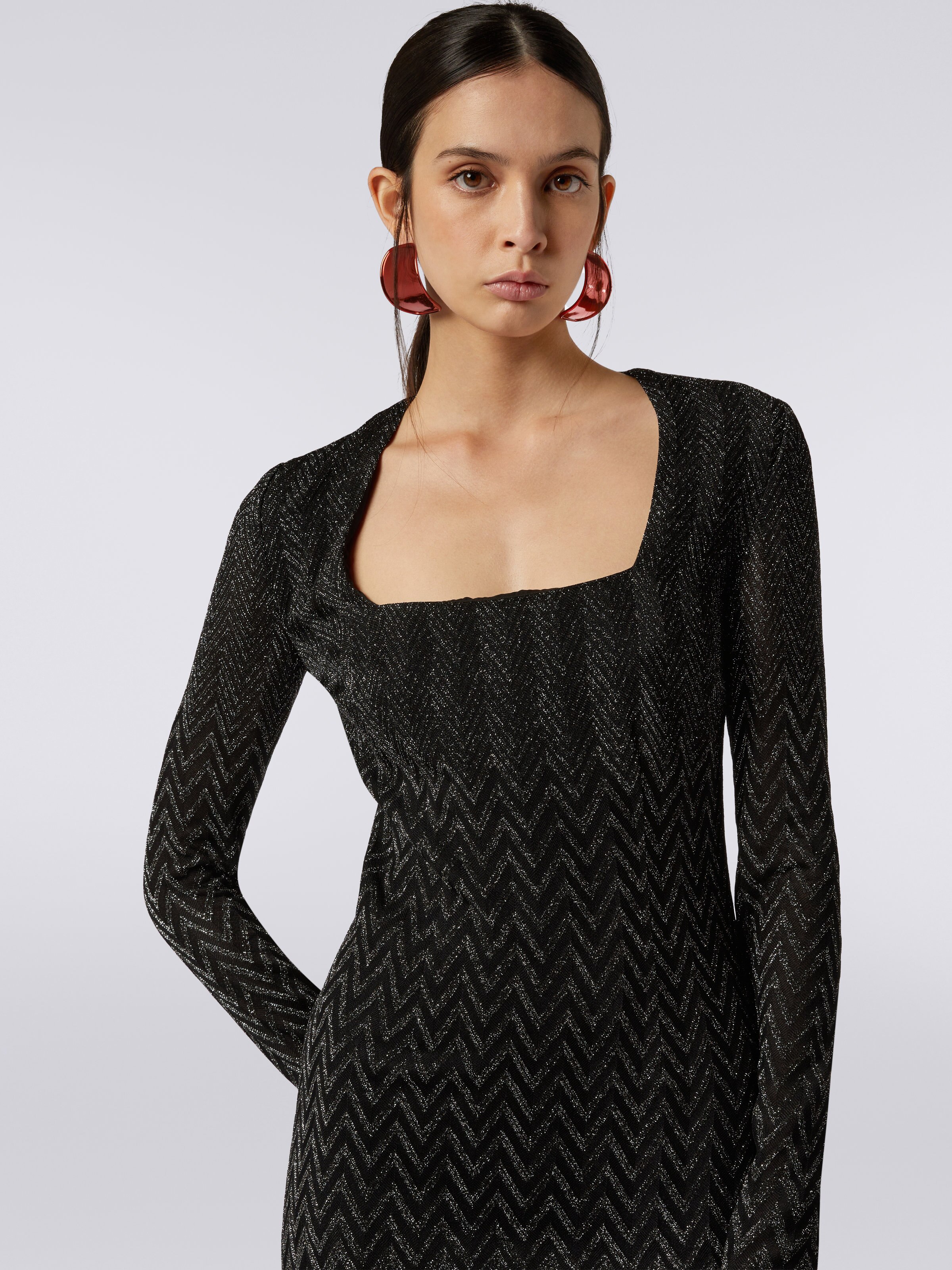 Viscose chevron midi dress with square neckline with lurex , Black    - 4