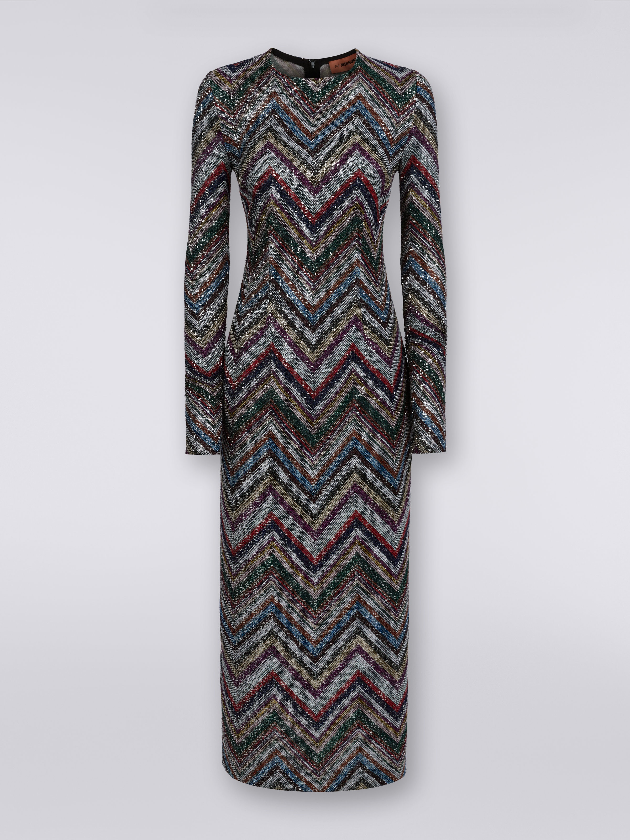Langes Kleid aus Viskosemischgewebe mit Zickzackmuster und Pailletten , Mehrfarbig  - 0