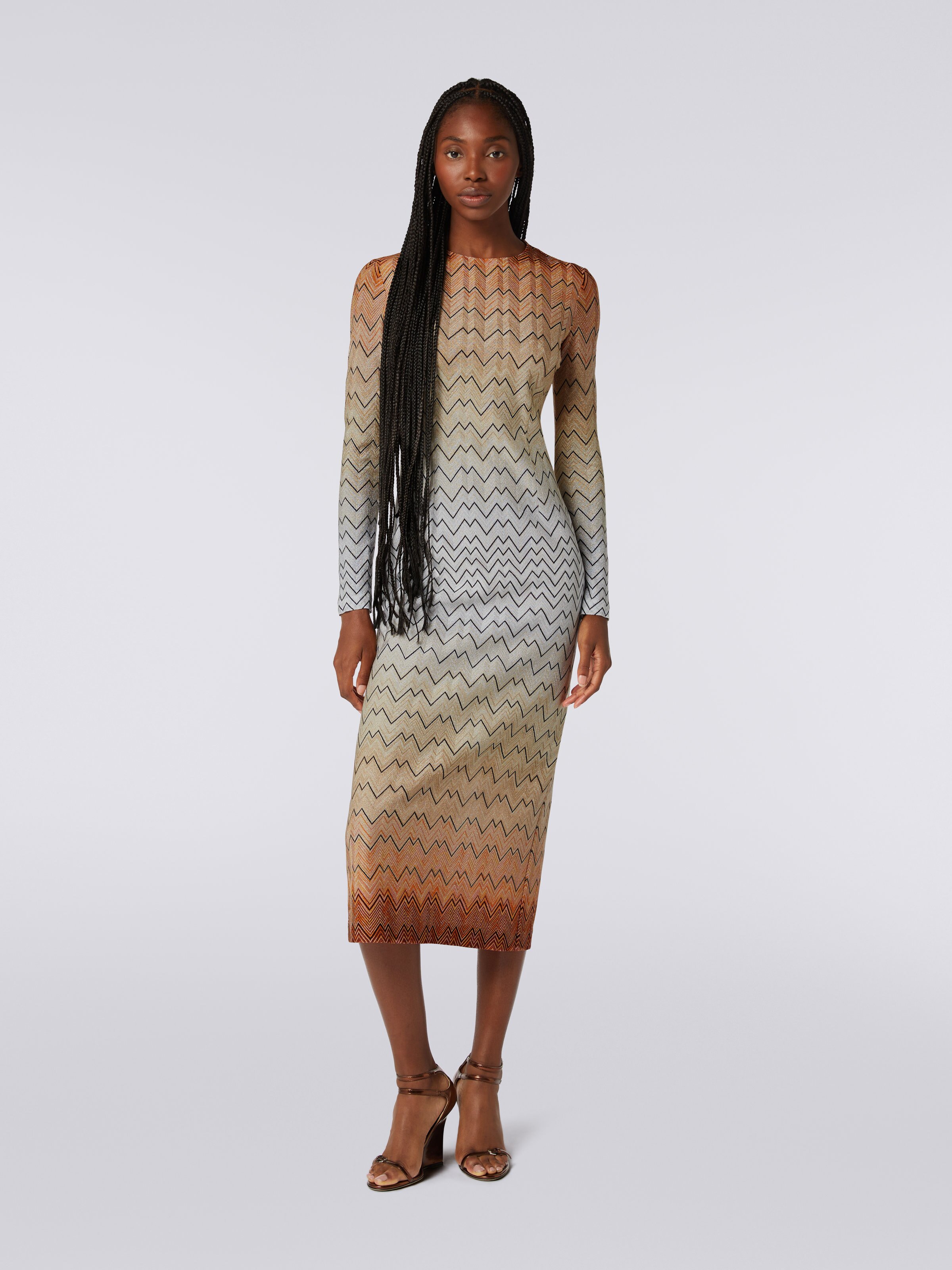 Long dress in zigzag viscose blend with lurex, White  - 1