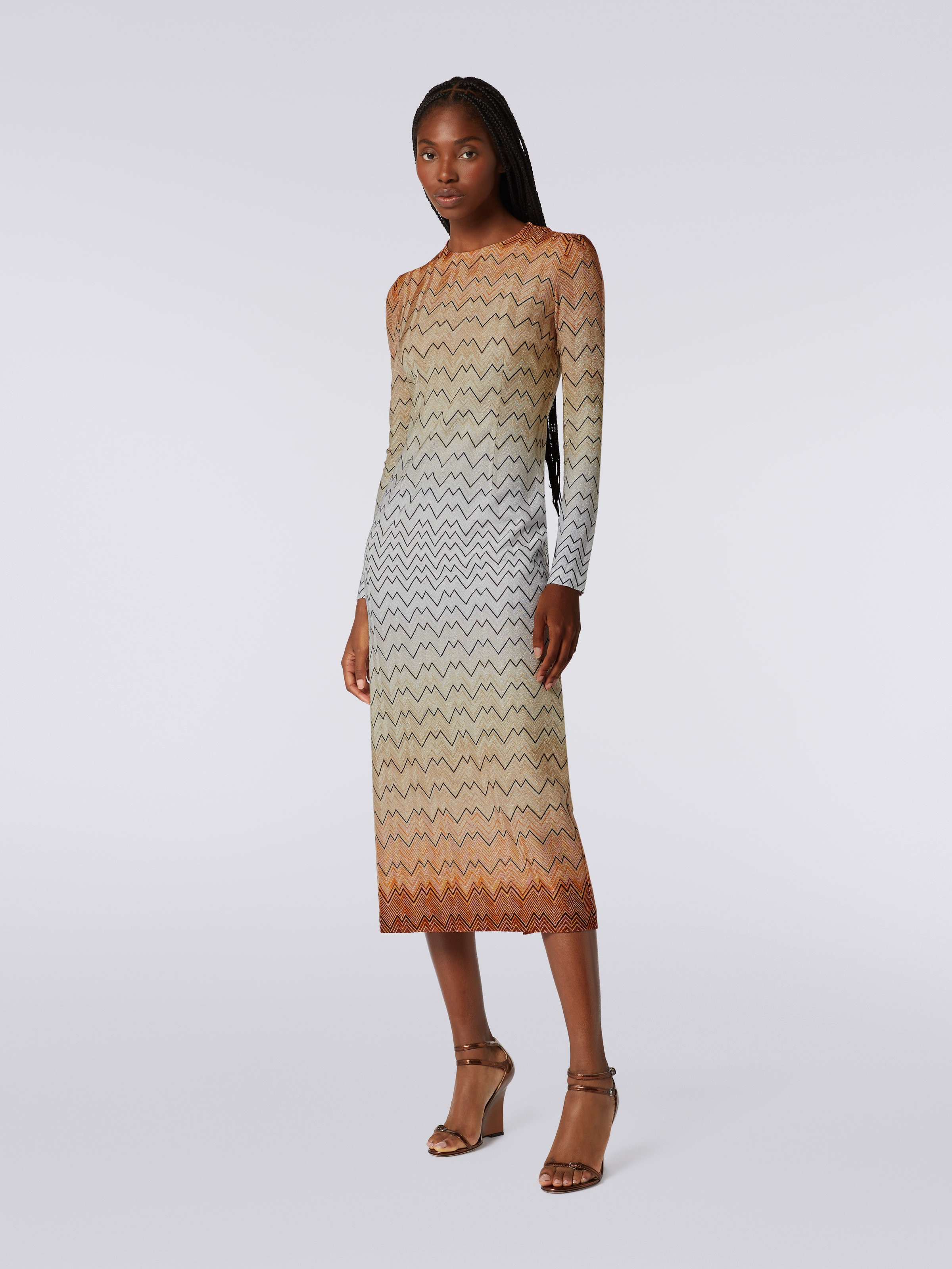 Long dress in zigzag viscose blend with lurex, White  - 2