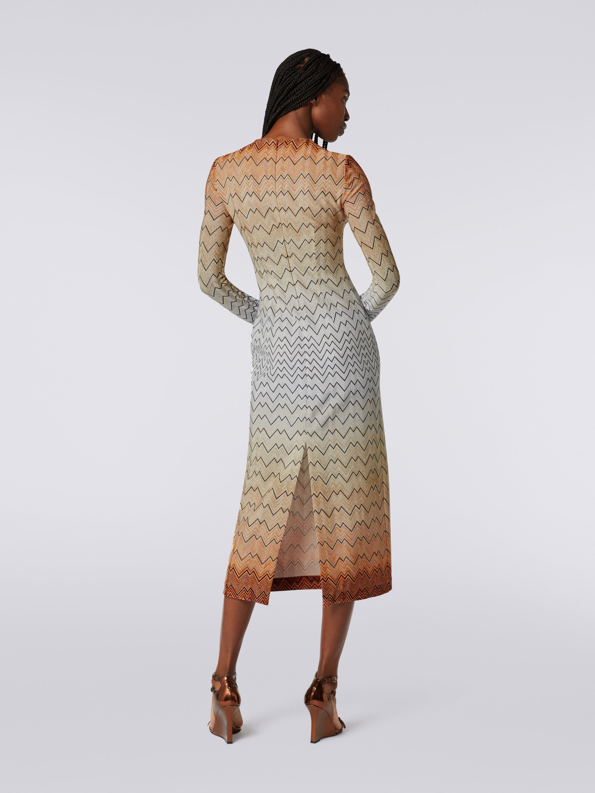 Long dress in zigzag viscose blend with lurex, White  - 3