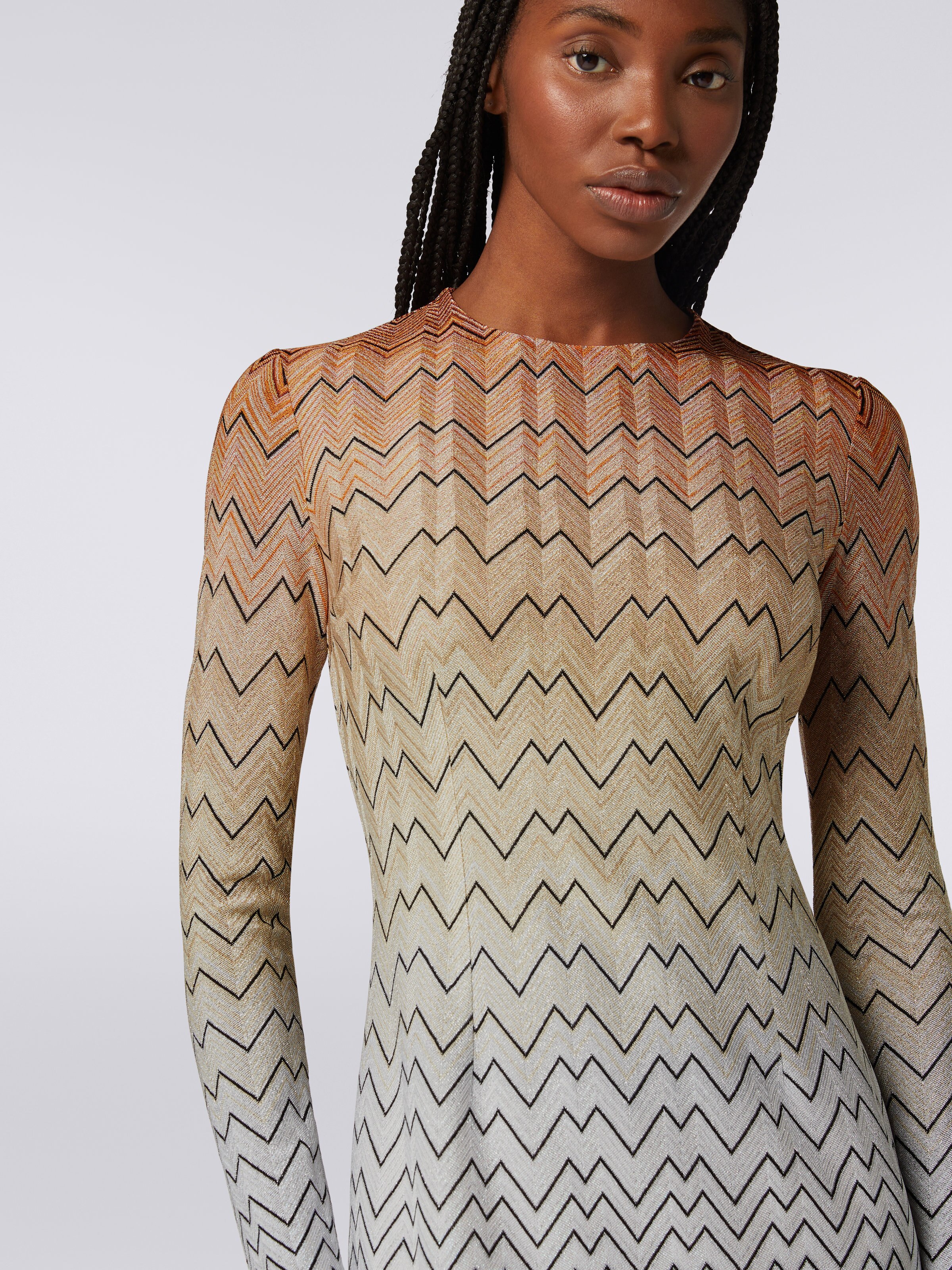 Long dress in zigzag viscose blend with lurex, White  - 4