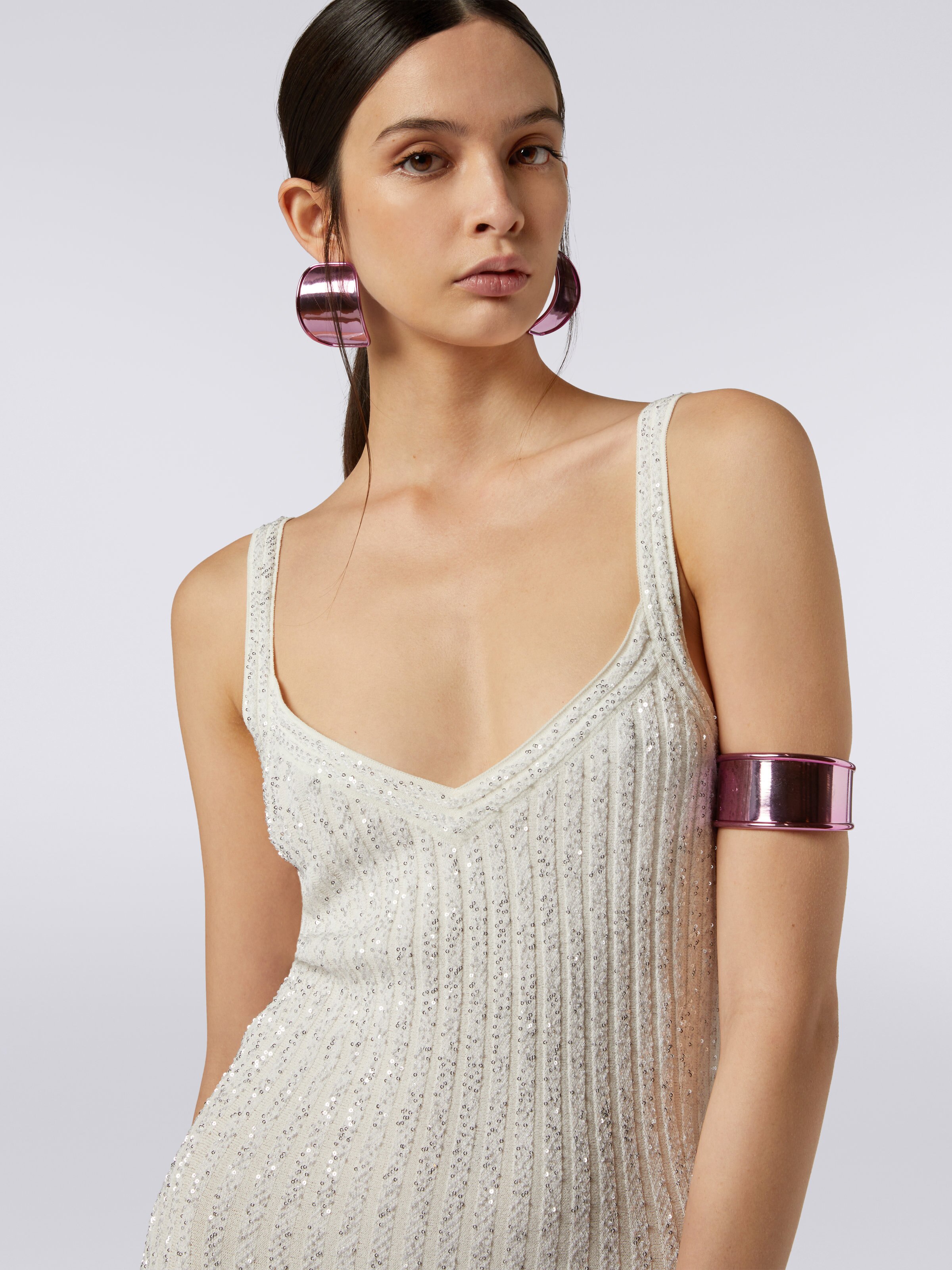 Ribbed viscose blend dress with sequins, White  - 4