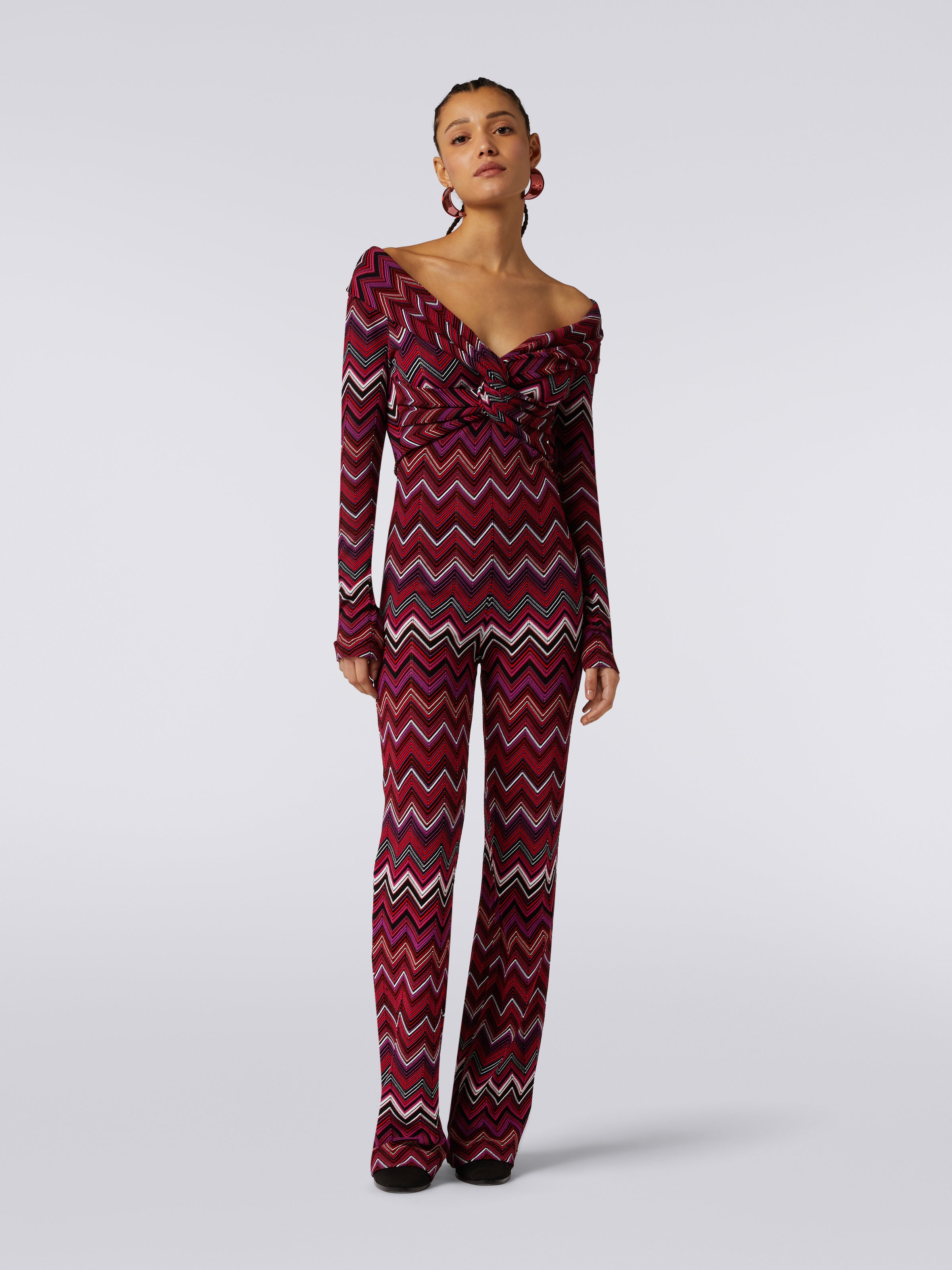 Viscose blend chevron jumpsuit with Bardot neckline, Multicoloured  - 1