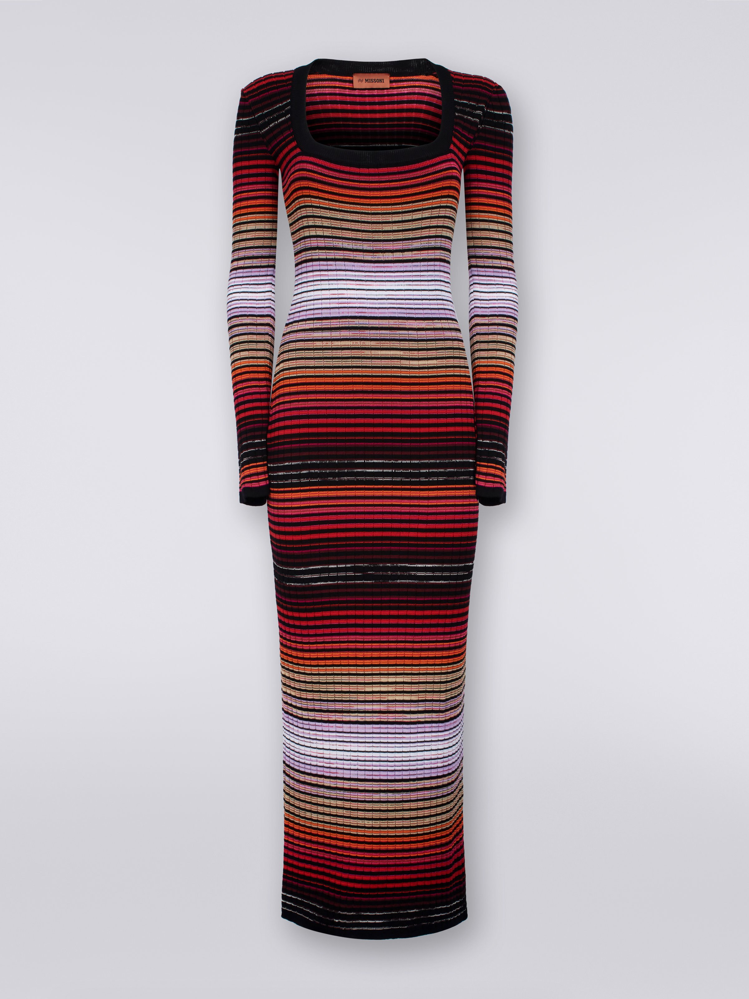Langes gestreiftes Kleid mit quadratischem-Ausschnitt aus Baumwolle und Viskose, Mehrfarbig  - 0