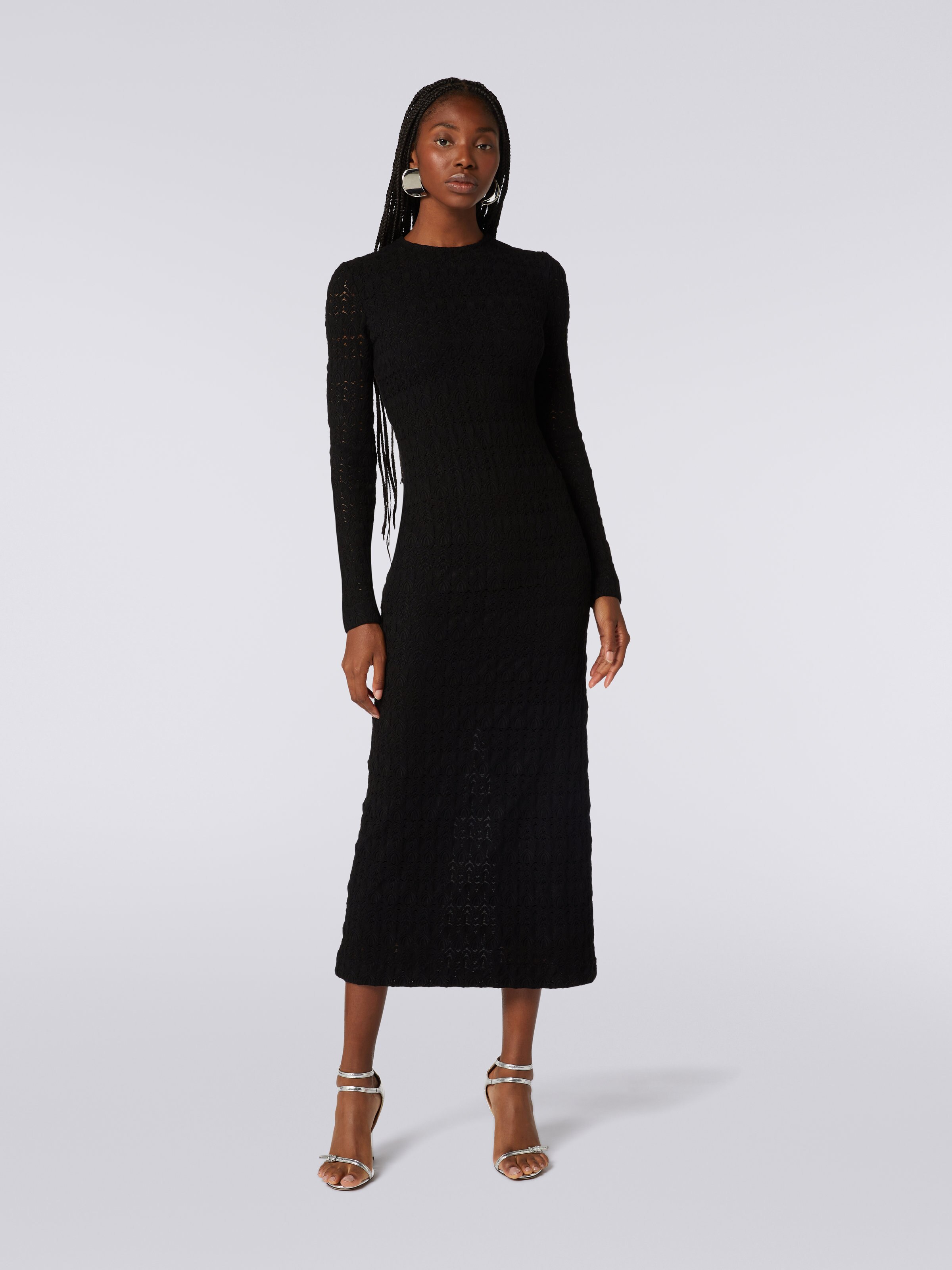 Long dress in raschel knit viscose blend lace, Black    - 1