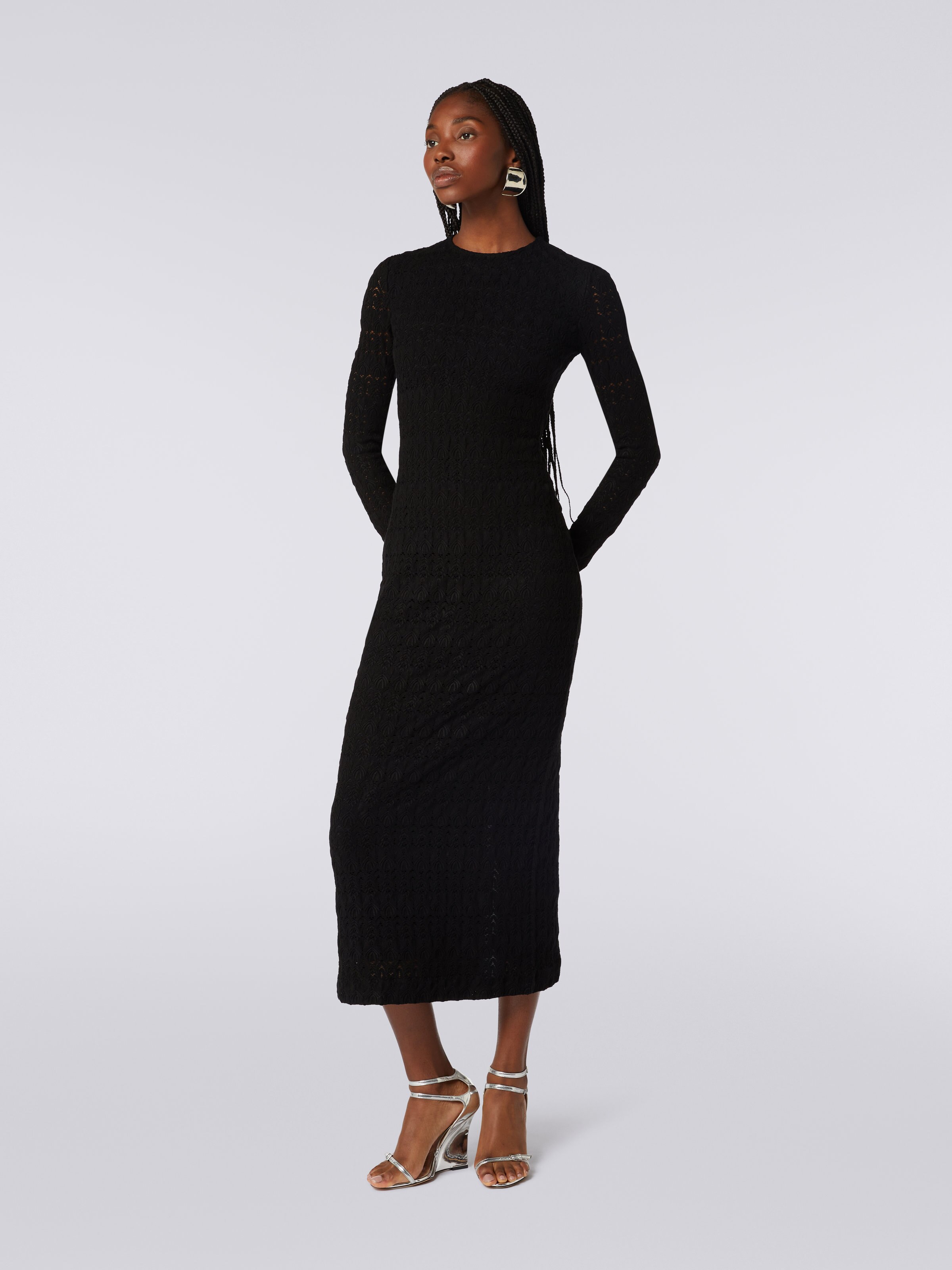 Long dress in raschel knit viscose blend lace, Black    - 2