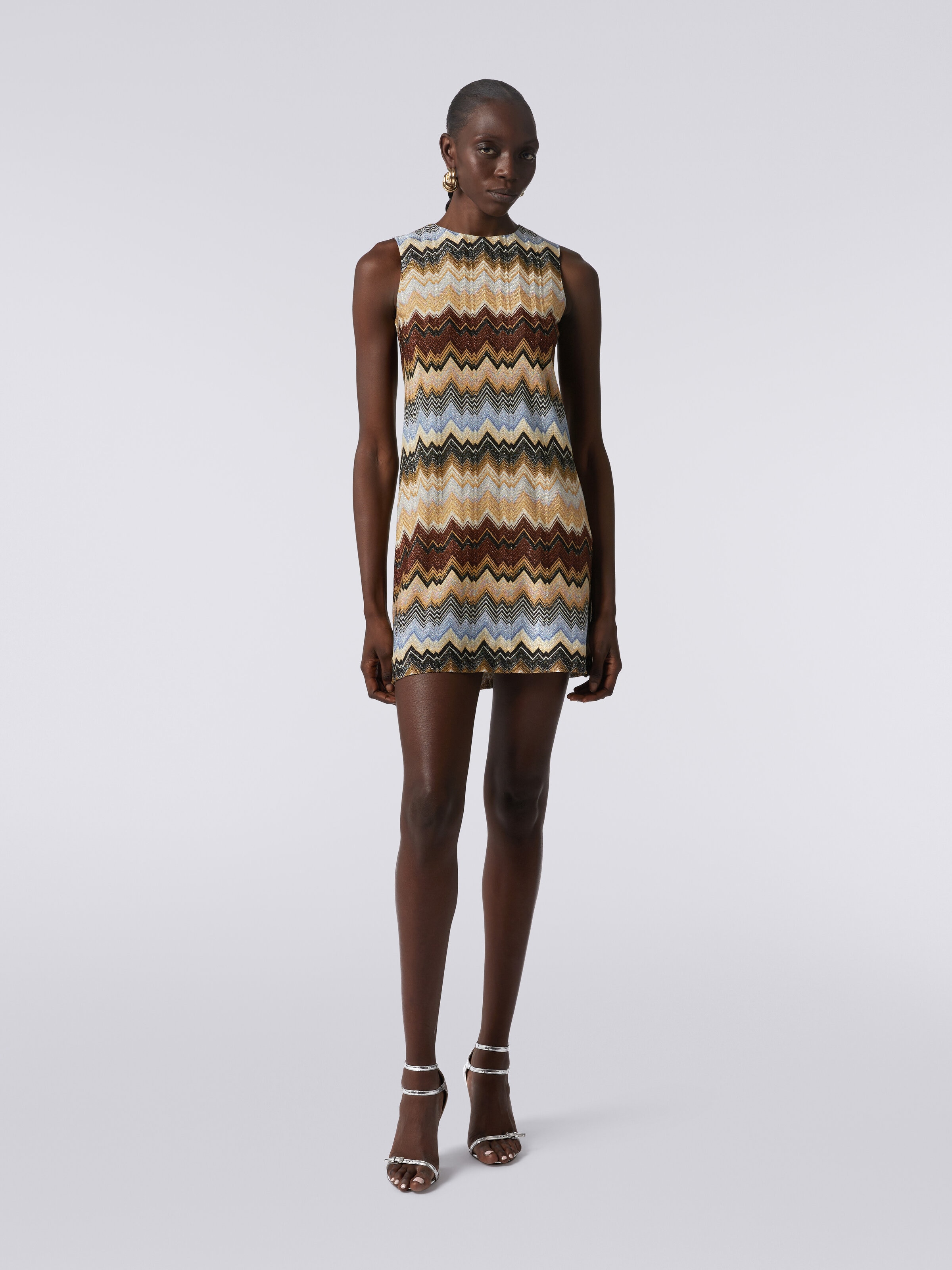 Pleated lamé zigzag viscose mini dress, Multicoloured  - 1