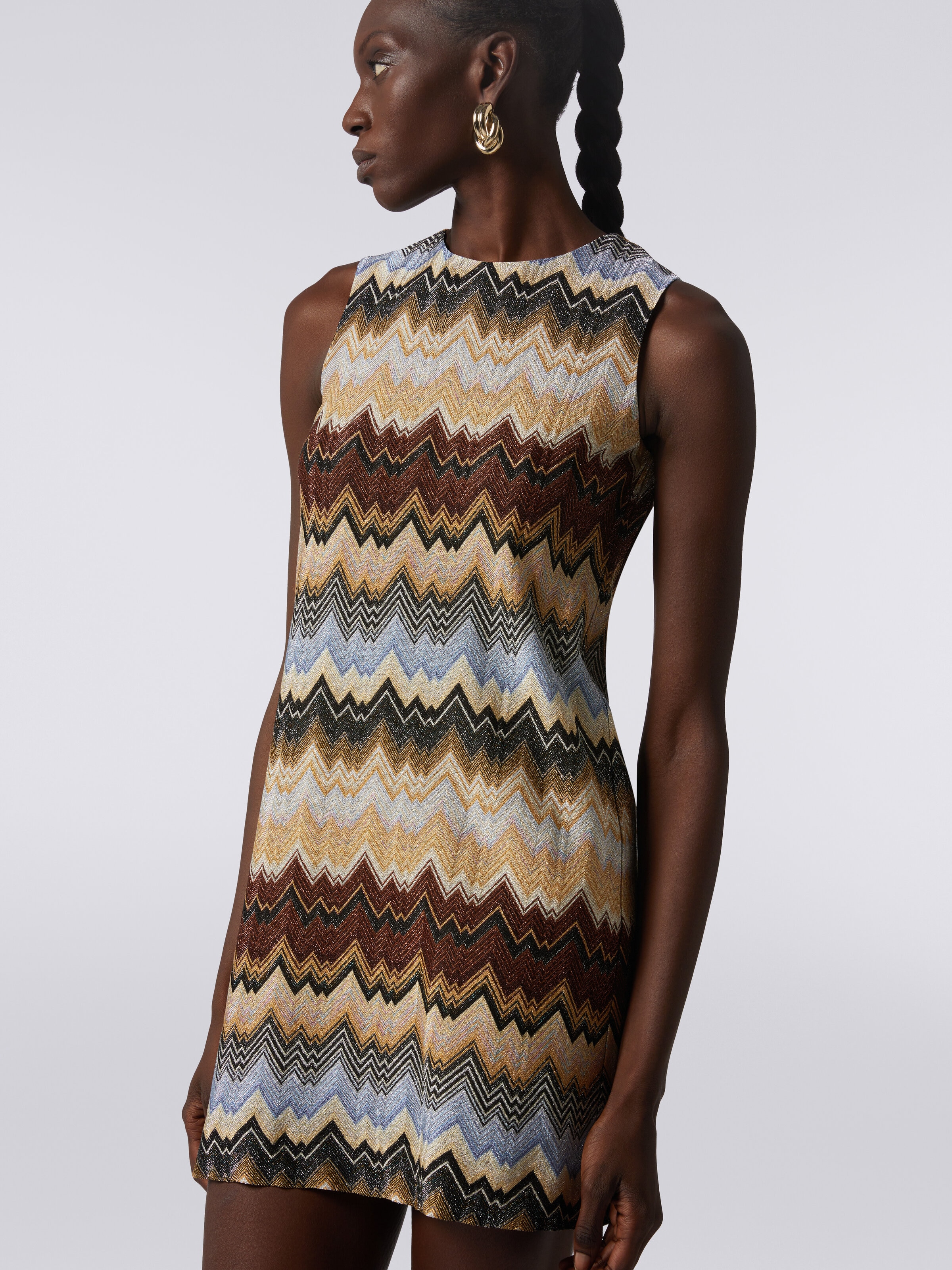 Pleated lamé zigzag viscose mini dress, Multicoloured  - 4