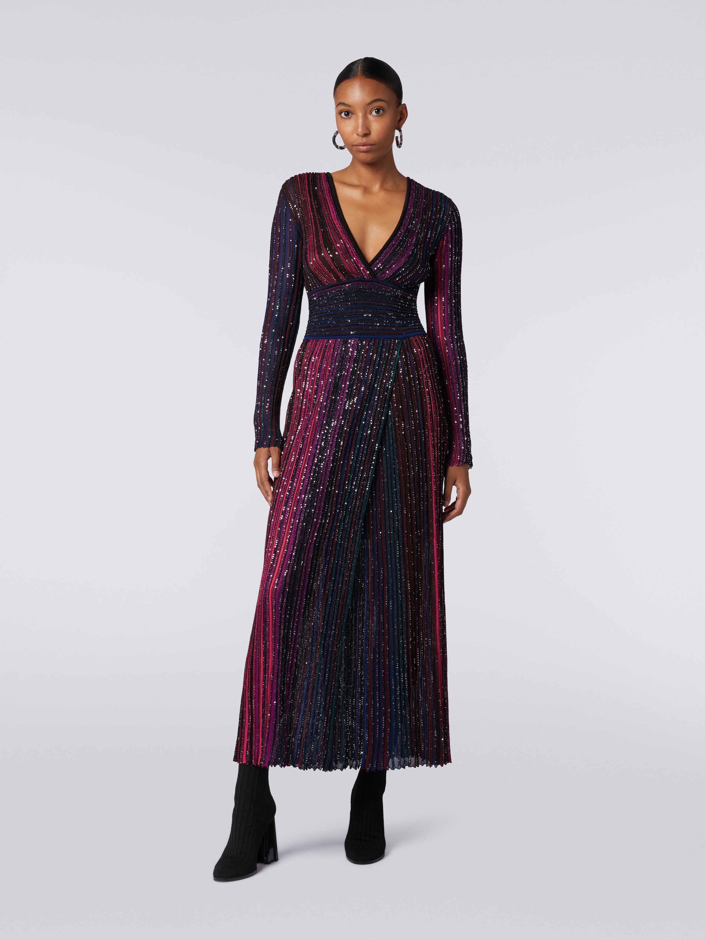 Long viscose dress with sequins and V neckline, Multicoloured  - 1